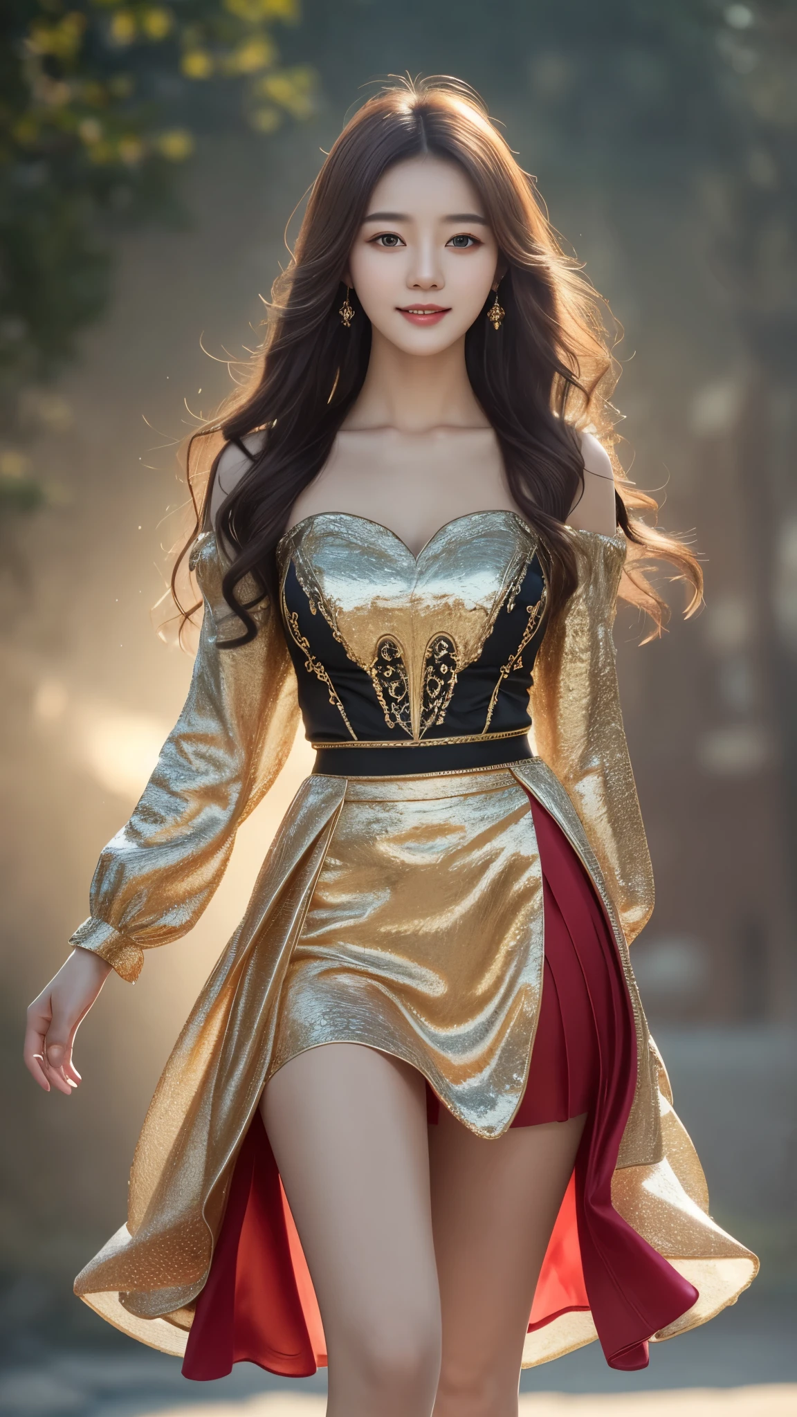 wearing, (photo realistic:1.4), (hyper realistic:1.4), (realistic:1.3), (softer lighting:1.05), (영화 조명 Increase quality:0.9), 32,000, 1 woman,20 year old girl, realistic lighting, backlight, my face shines, ray tracing, (brightly shining light:1.2), (Increase quality:1.4), (Top quality real textured skin:1.4), eye for detail, A face depicted in detail, Microscopic eyes,fantasy outfit, short skirt, fantasy style clothing, fantasy gown, Cherry-colored silk, Colorful and rich fantasy clothing, 환상적인 옷을 wearing, dreamy style, A gorgeously flowing gown, beautiful legs, she looks straight ahead, beautiful smile, Short fantasy skirt that shows legs,
