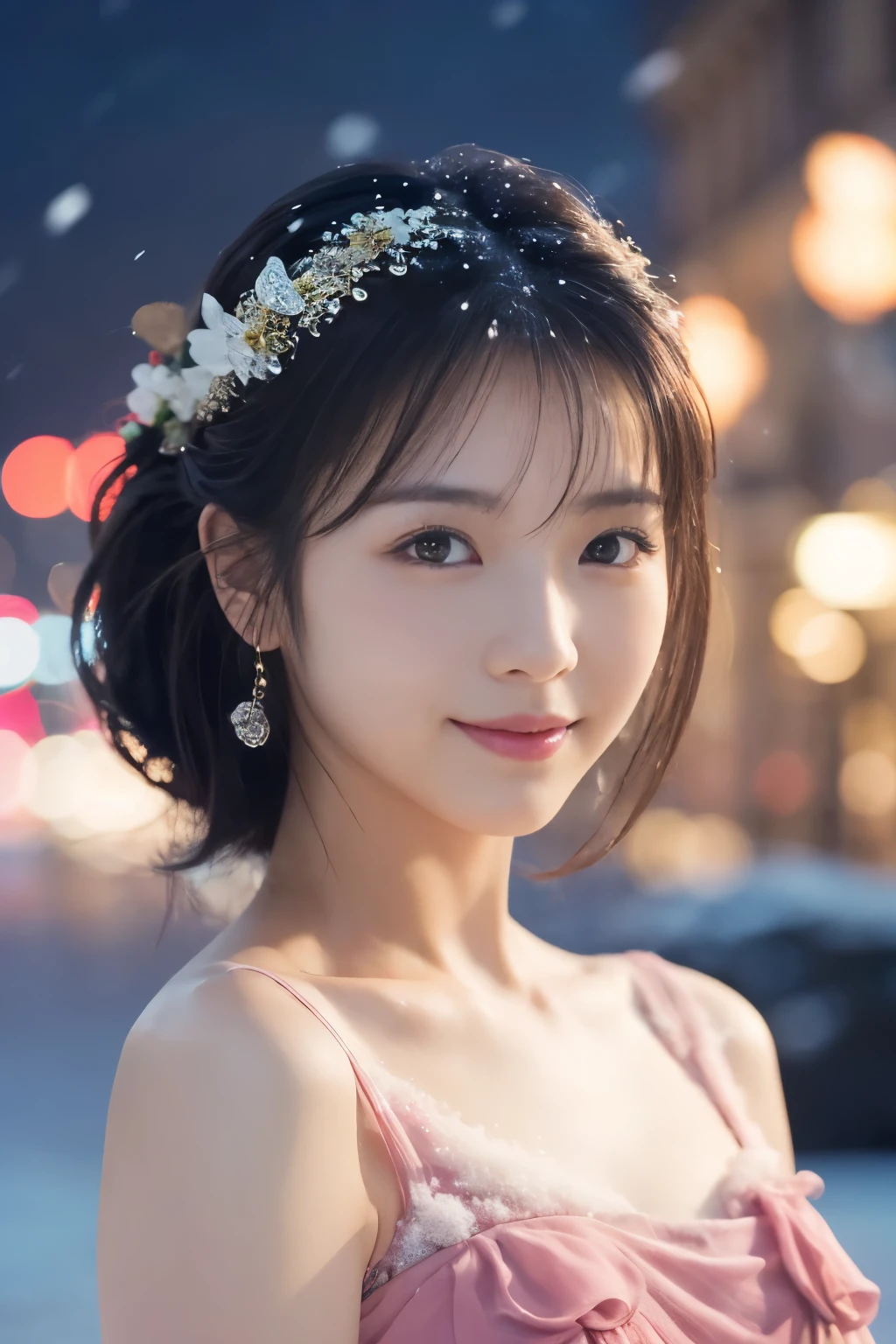 1 girl, (Wearing a pink dress:1.2), beautiful japanese actress,
(RAW photo, highest quality), (realistic, Photoreal:1.4), masterpiece, 
very delicate and beautiful, very detailed, 2k wallpaper, wonderful, 
finely, very detailed CG Unity 8K 壁紙, Super detailed, High resolution, 
soft light, beautiful detailed girl, very detailed目と顔, beautifully detailed nose, beautiful and detailed eyes, cinematic lighting, 
break
(Against the backdrop of a snowy night cityscape 1.3), city lights, (Snow is flying:1.3), 
perfect anatomy, slender body, smile, Face the front completely, look at the camera