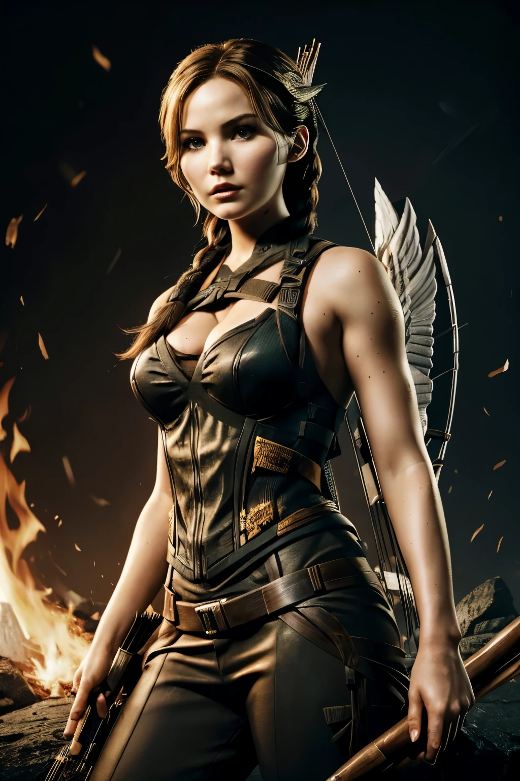((Elisha Cuthbert as Katniss Everdeen in Hunger Games)): dressed in the alluring Hunger Games movie costume, against the backdrop of the Hunger Games rings of fire, exuding sex appeal and photorealism in every detail. This masterpiece, rendered in 8k resolution and HDR, showcases Katniss's perfect face and intricately defined features. Her eyes, as captivating as ever, are a work of art in themselves. The sharp focus highlights the subtleties of her cleavage and the elegance of her form, making this photograph an award-winning masterpiece. Octane render brings out the finest details, from the intricate texture