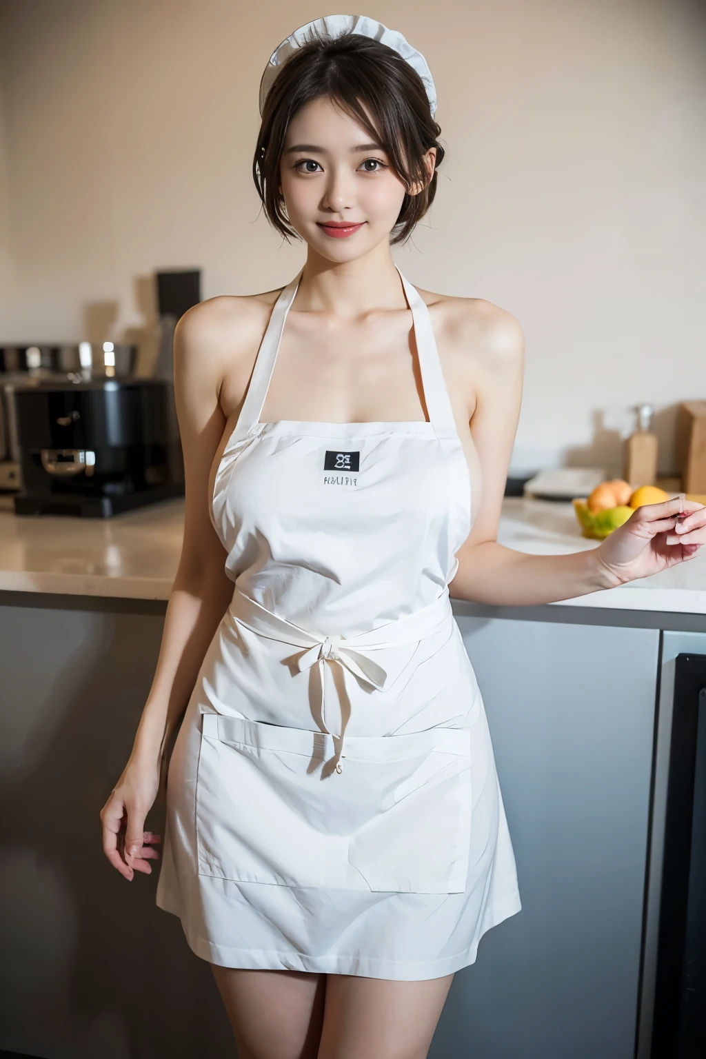 The most beautiful 25-year-old women, Detailed body with large breasts, Sticking out tongue and winking expression, (((naked apron))),((Maid style apron)),  detailed lips, detailed eye, double eyelid, huge breasts, dark brown short hair, thighs thighs thighs, Are standing, (Photoreal:1.4), (best image quality:1.0), (ultra high resolution:1.0), 8K, Raw photo, (masterpiece), Inside a maid cafe in Akihabara、Beautiful toes