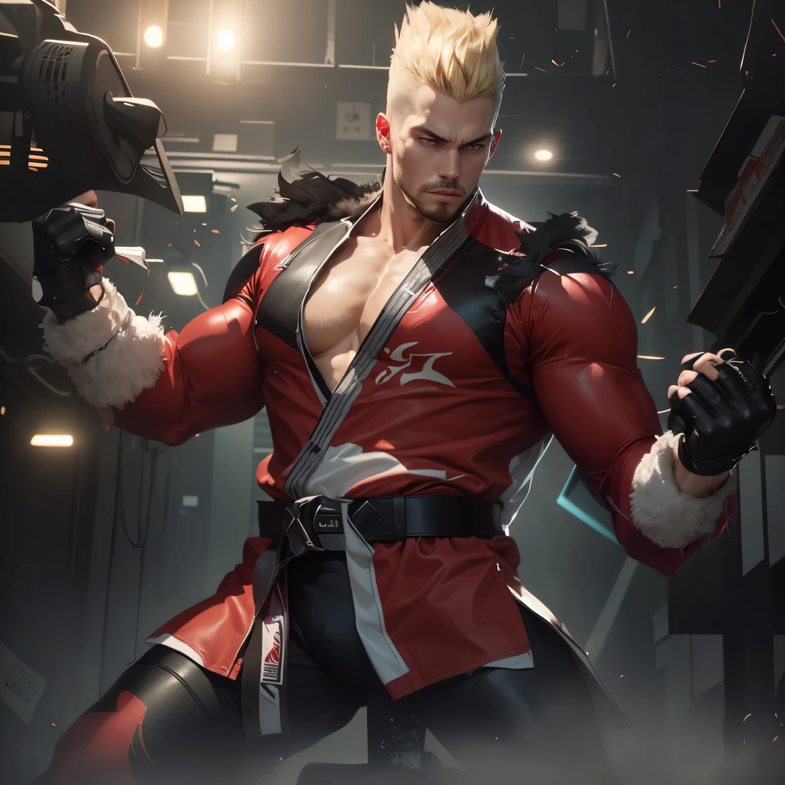 masculine male, masterpiece, ((perfect eyes)) best quality, (semirealism:1.9), beautiful lighting, (extremely detailed CG unity 4k fhd wallpaper), High Detail, Sharp focus, dramatic outdoors,40 years old, brown short hair, blue eyes, smile, Boy with two big horns, big earrings on ears, elf ear, red eyes, Thick eyebrows, evil smile, grinning,red body, red face, Burning skin, yellow diamonds glistening on chest, burning red skin,golden robe behind, big white belt , 8k , realistic, scary.