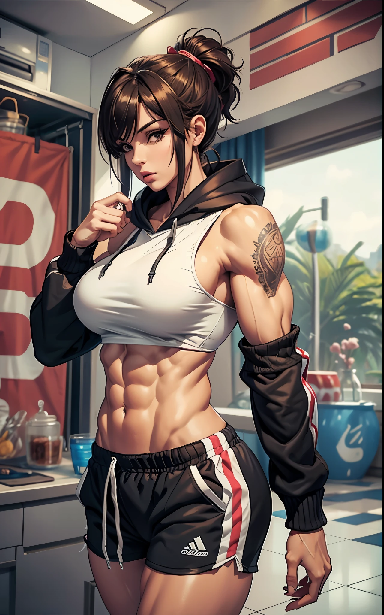 muscular female, muscle mommy, milf, large breasts,1girl,solo,abs,muscular,Cropped hoodie and jogger shorts with a drawstring waistband