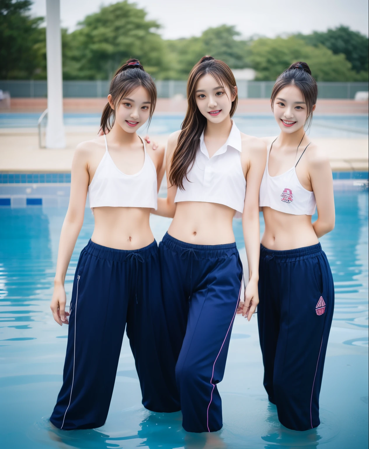 3 girls in the swimming pool, black underwear,Navy Long Trackpant,Sweatpants, Sweatpantsขายาว,25 year old girl, lesbian, sexy, exercise clothes, wet body