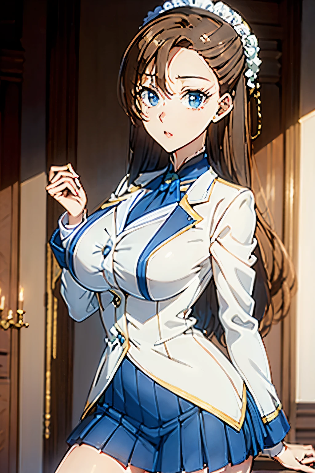 ((masterpiece, highest quality, 8K, High resolution:1.2)), white and blue skirt suit, High leg, hazel eyes, white and blue blazer, tie, white and blue pencil skirt, white thigh high heel boots, (curly hair, long hair, One brown-haired sister, One blonde sister), (2 girls, duo, twins, clone), ((hairstyle that suits you, different hair colors, face matching, matching outfit)), whole body, Same pose, Happy