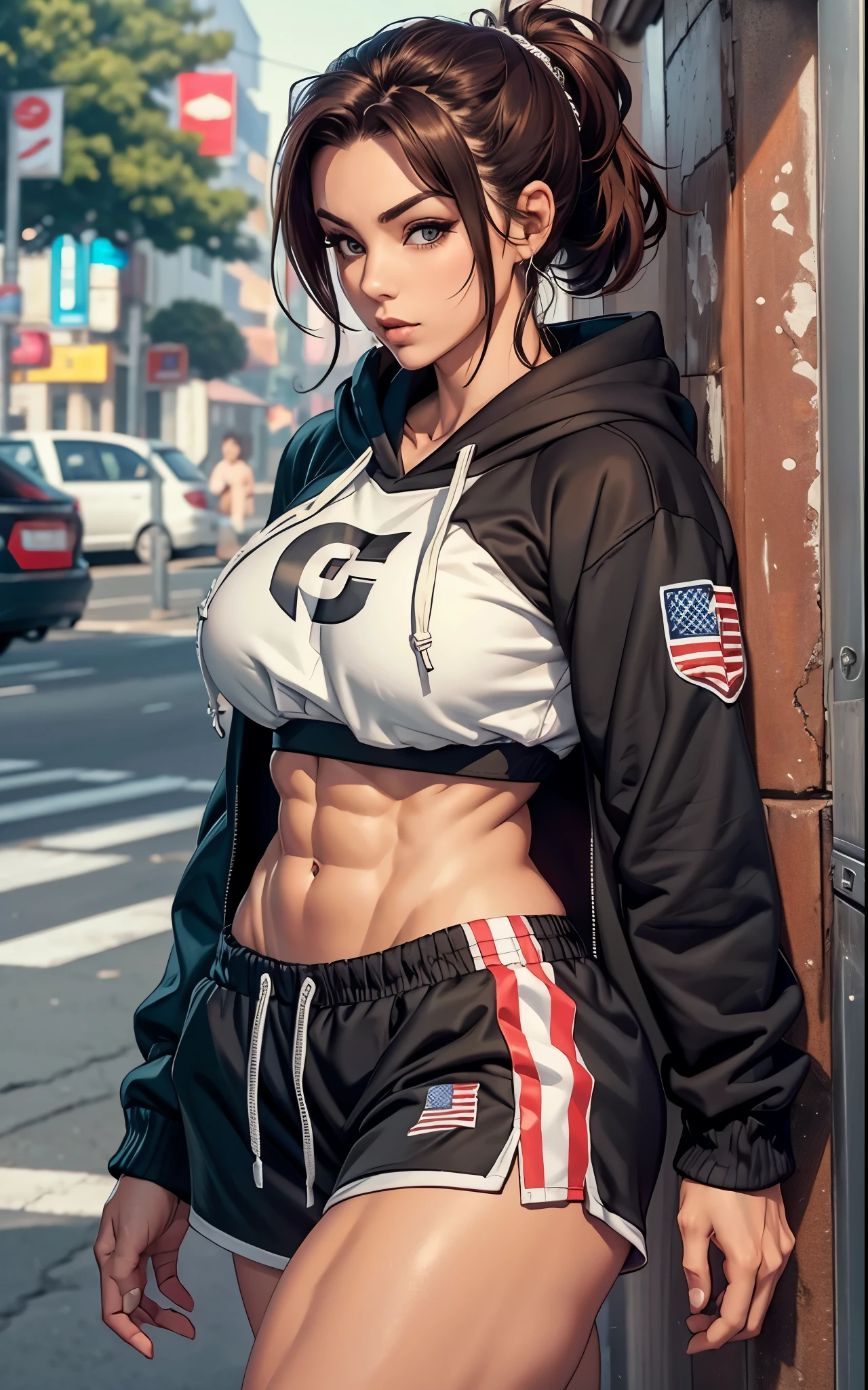 muscular female, muscle mommy, milf, large breasts,1girl,solo,abs,muscular,Cropped hoodie and jogger shorts with a drawstring waistband