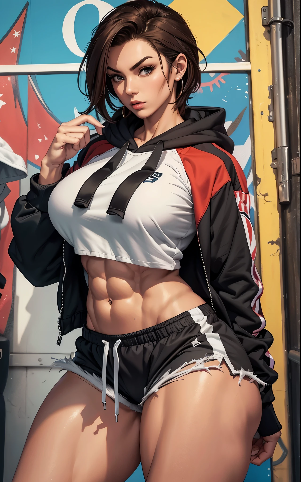 muscular female, muscle mommy, milf, large breasts,1girl,solo,abs,muscular,Cropped hoodie and jogger shorts with a drawstring waistband