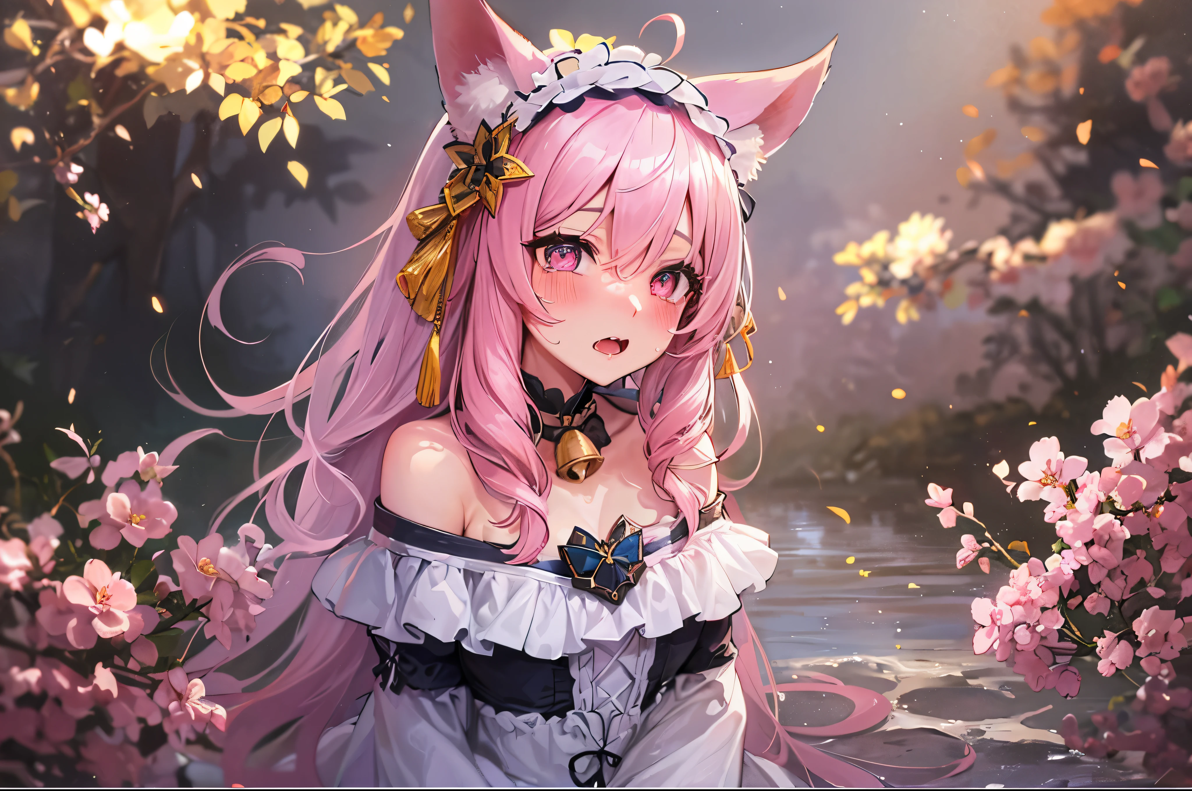 hairy, Pink fur, Off-the-shoulder white translucent morning dress, sit on the grass, Cherry blossom forest background, gold slit pupil, blushing:1, hair between eyes, pink hair, gradient hair, hair past shoulders, wet hair, shiny hair, bell, trumpet, forehead gem, lolitahairband, eye reflex, shed tears, slit pupil, fox ears, wolf ears, Awkward, blush, saliva, full blush, panicked, despair, full-face blush, realism, 超realism, Ray tracing, reflected light, backlight, Fuji color, Bokeh, ultra high definition, retina, anatomically correct, Super details, best quality, high resolution