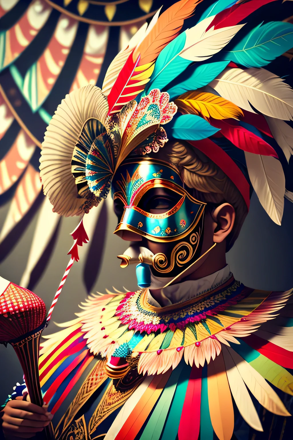 Carnival mask decorated with feathers and trumpet bunting