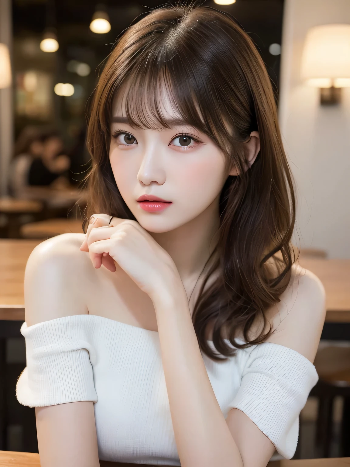 on the table, best quality, illustration, super detailed, Exquisite details, high resolution, 8k wallpaper, Perfect dynamic composition, 美丽exquisite eyes, tight dress, medium hair,Brown hair color ,small breasts, Natural lip color, Casual and sexy pose,Random situation,slender figure,face slimming,There is a feeling of ecstasy,Have a feminine face,A face trembling with serious sex,sexy face, (on the table:1.3), high resolution, super detailed, the Extremely Detailed CG Unity 8k wallpapers, actual, realism, original photo, Beautiful and delicate face, pale skin, Realistic shiny skin, Detailed fabric texture, Detailed hair texture, Perfect body, pretty face, precise, anatomically correct, Highly detailed facial and skin textures, natural neck length, (beautiful hands), (White skin:1.2), thin legs, thin feet, rest, exquisite eyes, symmetrical eyes, light brown eyes, double eyelids, Thin eyebrows, (glossy lips:1.4), ((Wait for a kiss:1.2)), (blush:1.1), rest, (优雅又charming女孩:1.3), (Wearing an off-shoulder white shirt,Classy and Elegant), (Orange flared skirt:1.2), medium breasts, (slender figure:1.1), Strong abdominal muscles, Beautifulcollarbone, (Deep blonde, curls, long hair:1.3), ((asymmetrical bangs:1.2)), (upper body shot:1.2), looking at the audience, (from above:0.65), rest, ((stand close to me、Hand forward:1.3)), (She said I would wait in front of the station at ten o'clock'bell'bell), (in a coffee shop), ((Fashionable shops on Qingshan Street)),KPOP idol face,charming,night