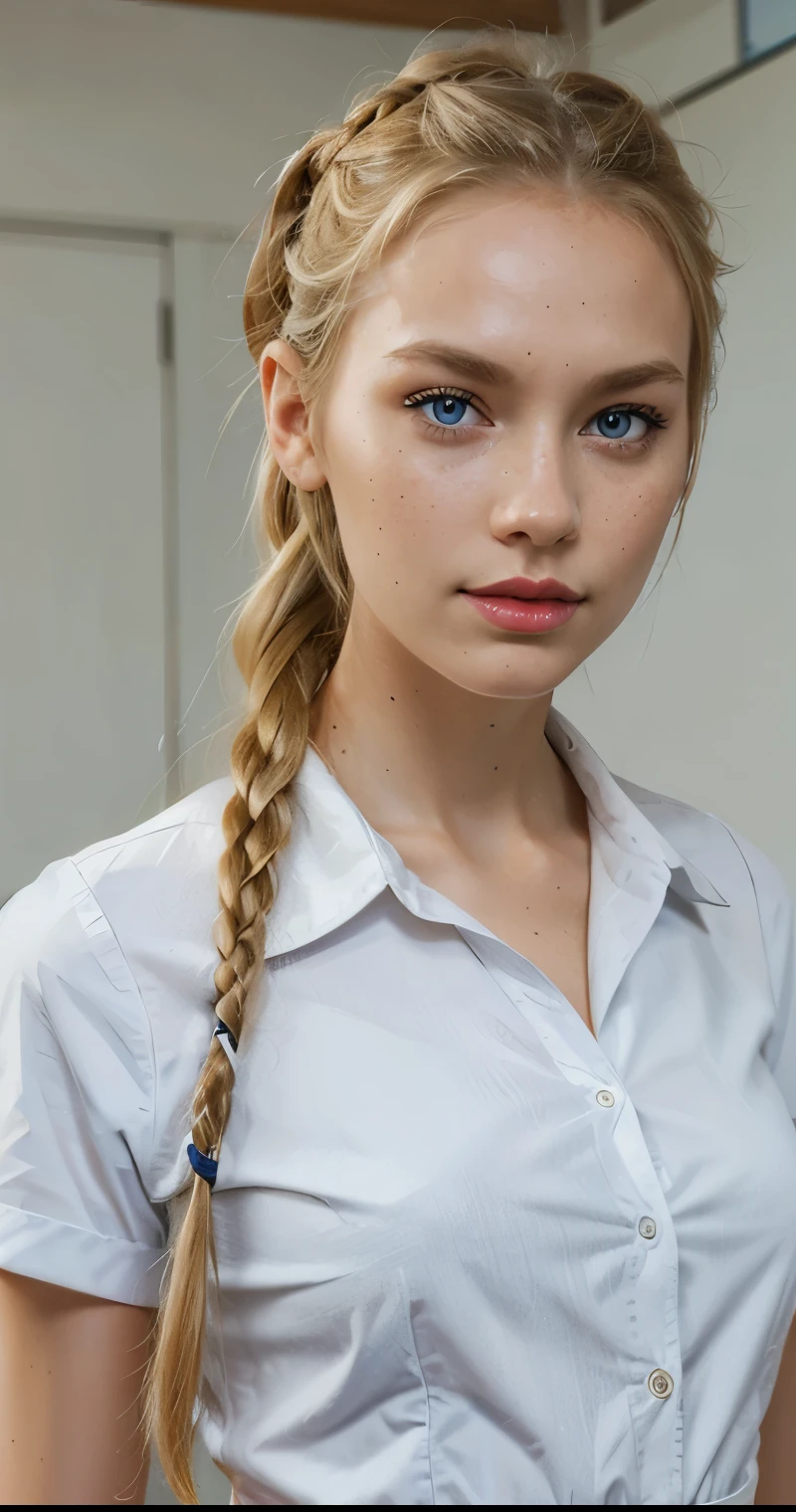 Beautiful skinny girl, elongated face and thin chin, freckles, blonde, braided hair, blue eyes,bold red lipstick and Extra eyeliner, white skin, school girl uniform, in the school, ponytail hair