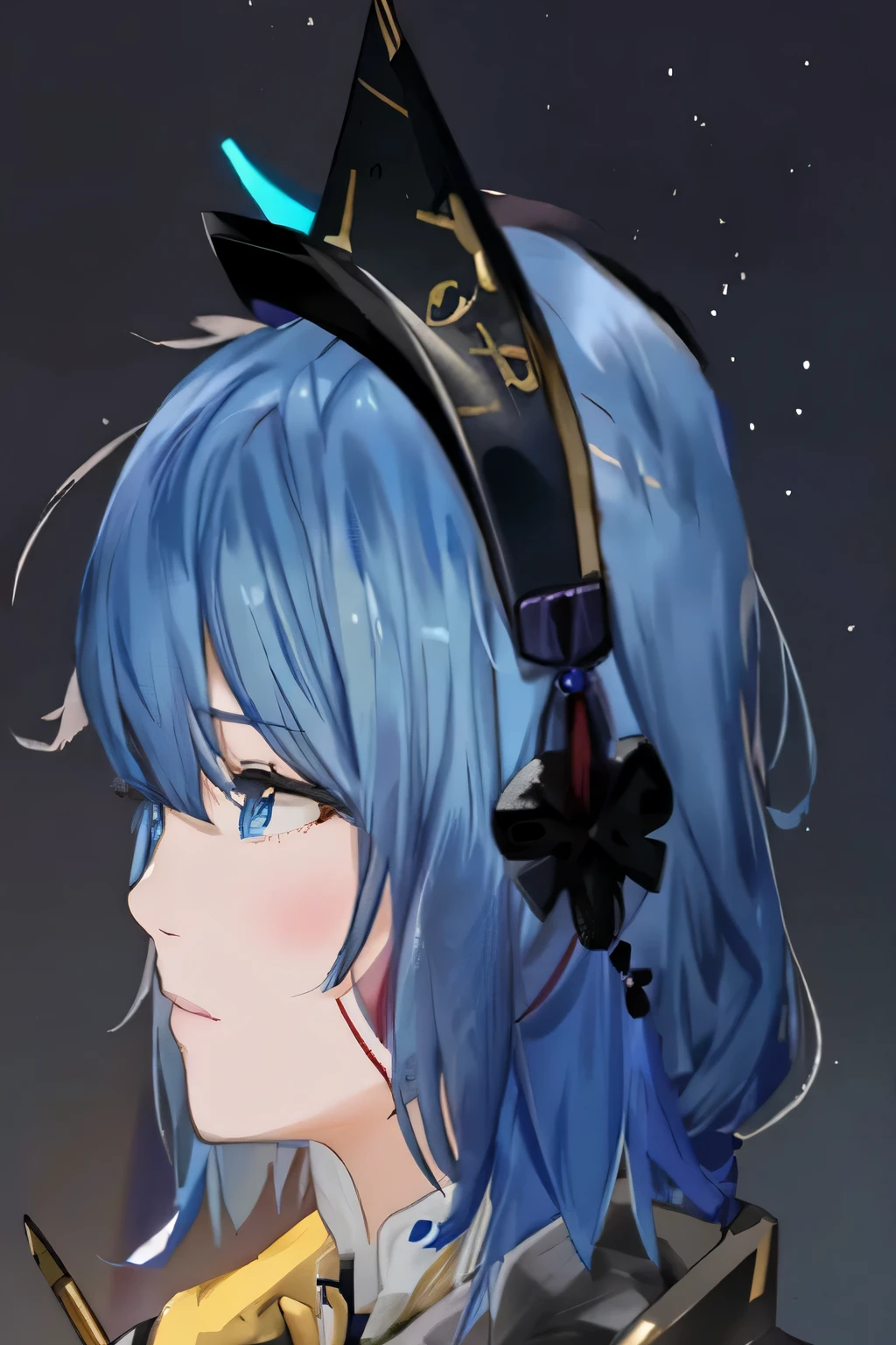 blue hair、Wearing a black hat、Anime girl with bow, Starting from the night of the ark, 绫香Genshin冲击, Inspired by Leng Mei, 《Genshin》Ke Qingyu, sleek mecha female dragon head, Zodiac girl knight portrait, Moon-themed costumes, Genshin冲击风格, From Girls Frontline, 《Genshin》Zhongli in, Genshin冲击角色