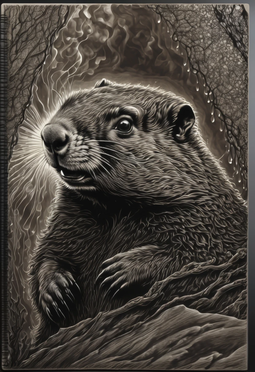 Painting in ink, wide pen sweeping, blots of Virgil Finlay. Groundhog . Artistic. Artistic on the move. Genius. 32к. The sketch is of the highest quality, with ultra-clear details and a resolution of 32k, enabling viewers to appreciate the intricate lines and textures. The lighting in the artwork is dramatic, casting deep shadows and emphasizing the depth and dimensionality of the sketch.