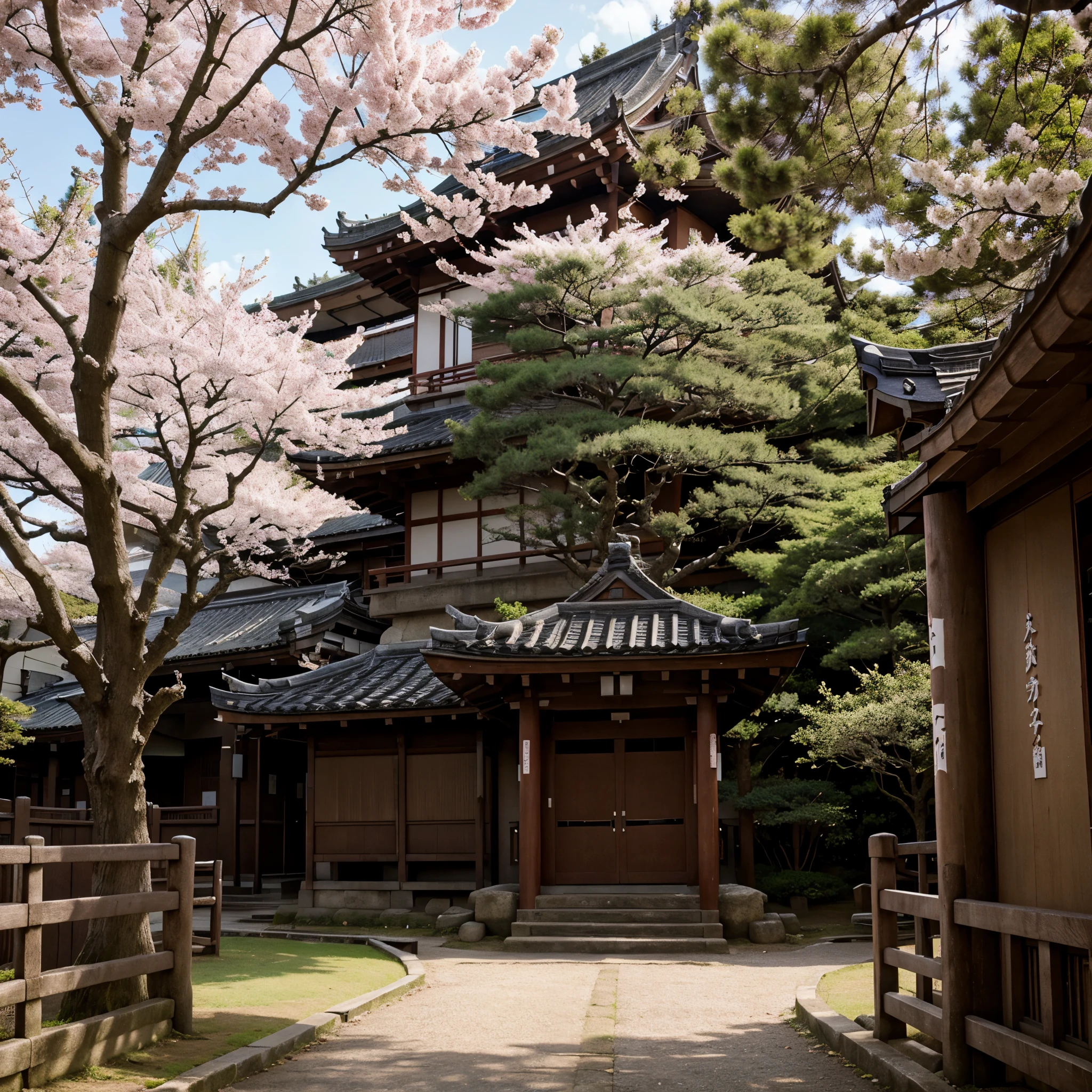 Nature scenery of Japanese temple surrounded my pink cherry blossom trees 