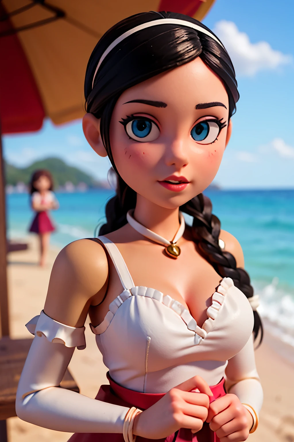 head portrait, looking at viewer, looking at camera, upperbody, (straight-on:1.4), front facing portrait,
pocahontasodd, 1girl, solo, black hair, long hair, blunt ends, brown eyes, dark-skinned female,
(medium breasts:1.4), cleavage, bikini, navel, collarbone, wet body,
poolside, outdoors, public pool, daytime, volumetric lighting, realistic, blurred background, depth of field, masterpiece, best quality
<lora:Pocahontas_ODD:0.65>