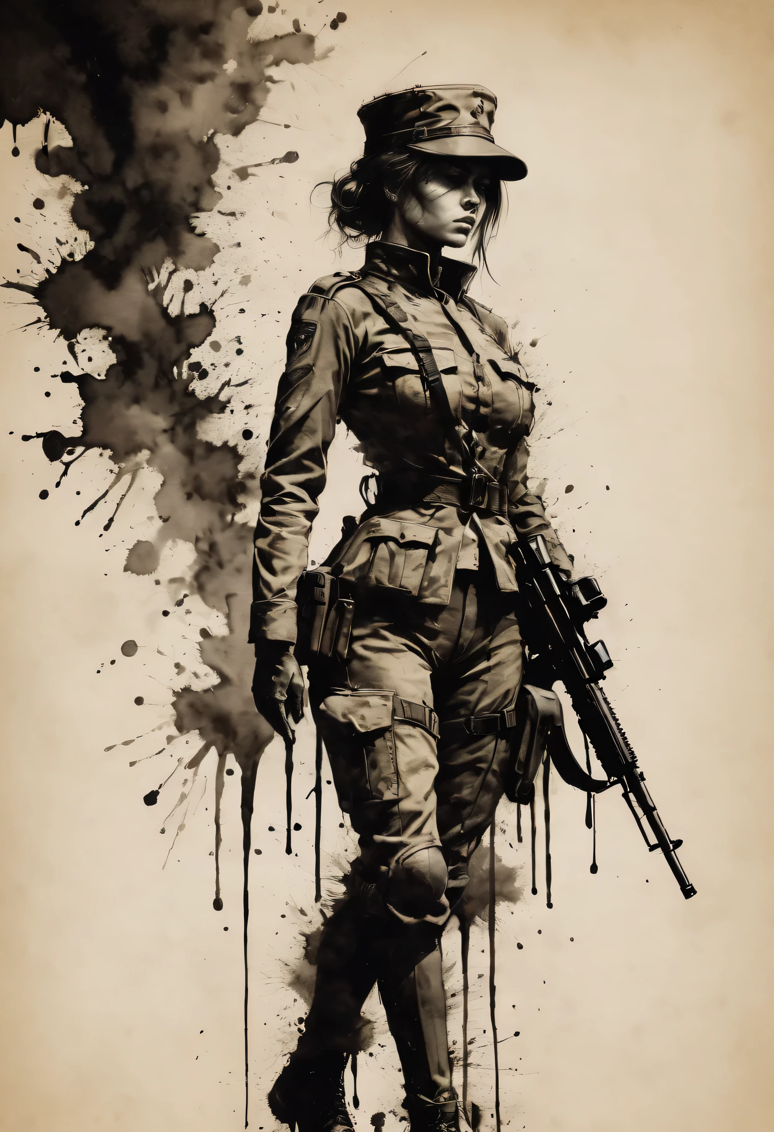 ((Violent_expression:1.2), ((Female Soldier):1.2), ((Hourglass_figure):1.1). ((rifle with bayonet):1.1), | Outlined in black ink, the figure is depicted with smooth lines, expressing emotions and posture through the contrast of ink density. The background is minimalist, emphasizing light, shadow, and spatial perception.