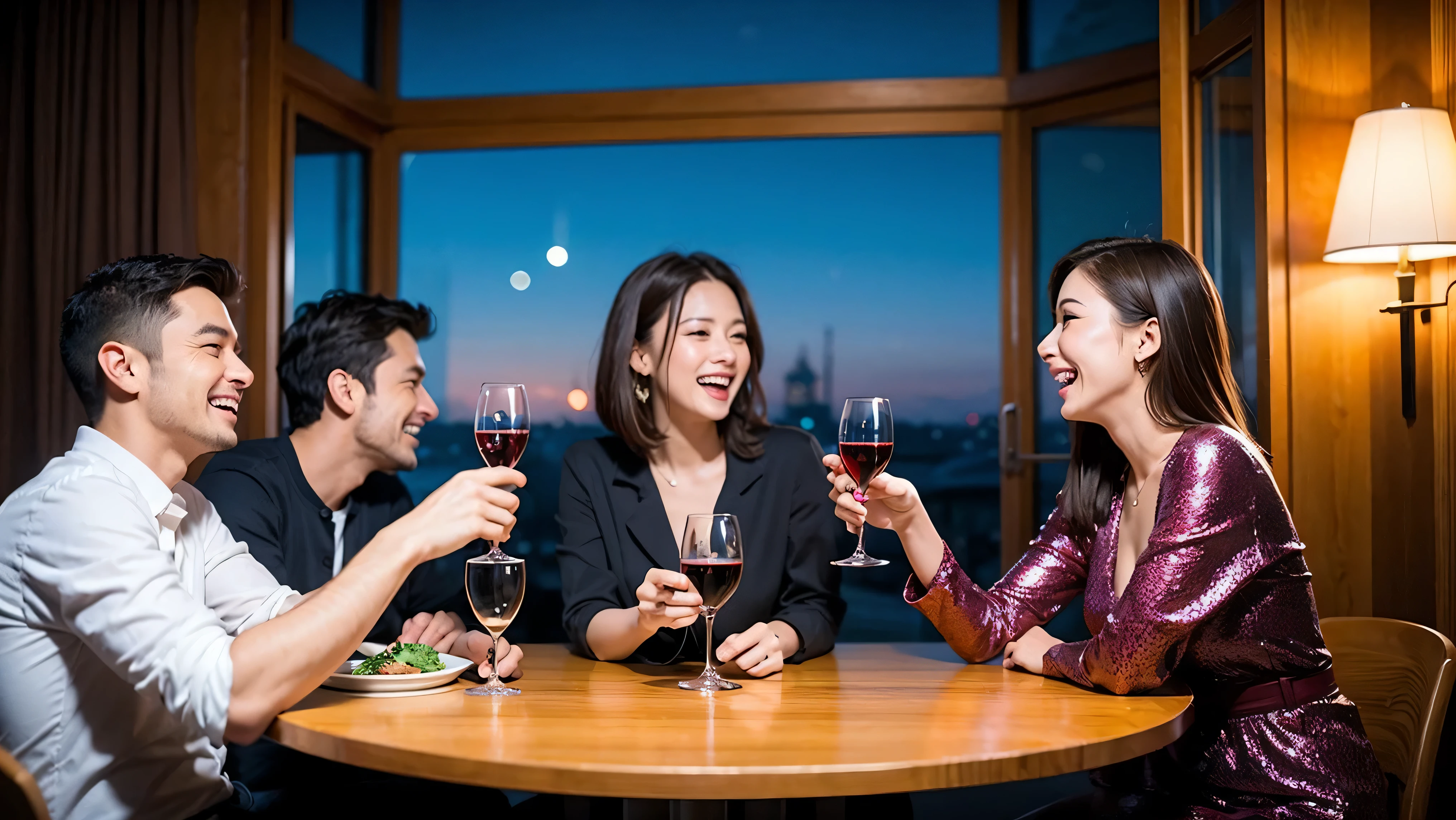64k, UHD, highest quality, masterpiece: 1.2), (realistic, photorealistic: 1.37), Super detailed, celebration party、3 women who love wine、three men、Japanese sake、Shochu、champagne、Sparkling wine、winter night、restaurantでワイン宴会、(slimな男女4名),(Wine party for 5 people)、(slimフェイス),Happy、 最高なsmile、Fox Face、Berry Short、(because I'thin), (brown hair), (shortcut), long sleeve shirt、winter fashion、Japanese、Dutch、German、Portuguese、Belgian、Italian、french, (gush), (slimボティ), (brown hair), (shortcut), Neat beauty、cheeks blush a little, (34 years old), 38 years old, alone, A beautiful and detailed night view spreads out outside the window..., restaurant, wine glassが座っている, At night, in a prominent place (from the Upper body) nova frog style, actress, model, Upper body, White wine, slim, wine glass, very beautiful night view, wine glass Put in the Middle, Happy smile, (smile: 1.15),