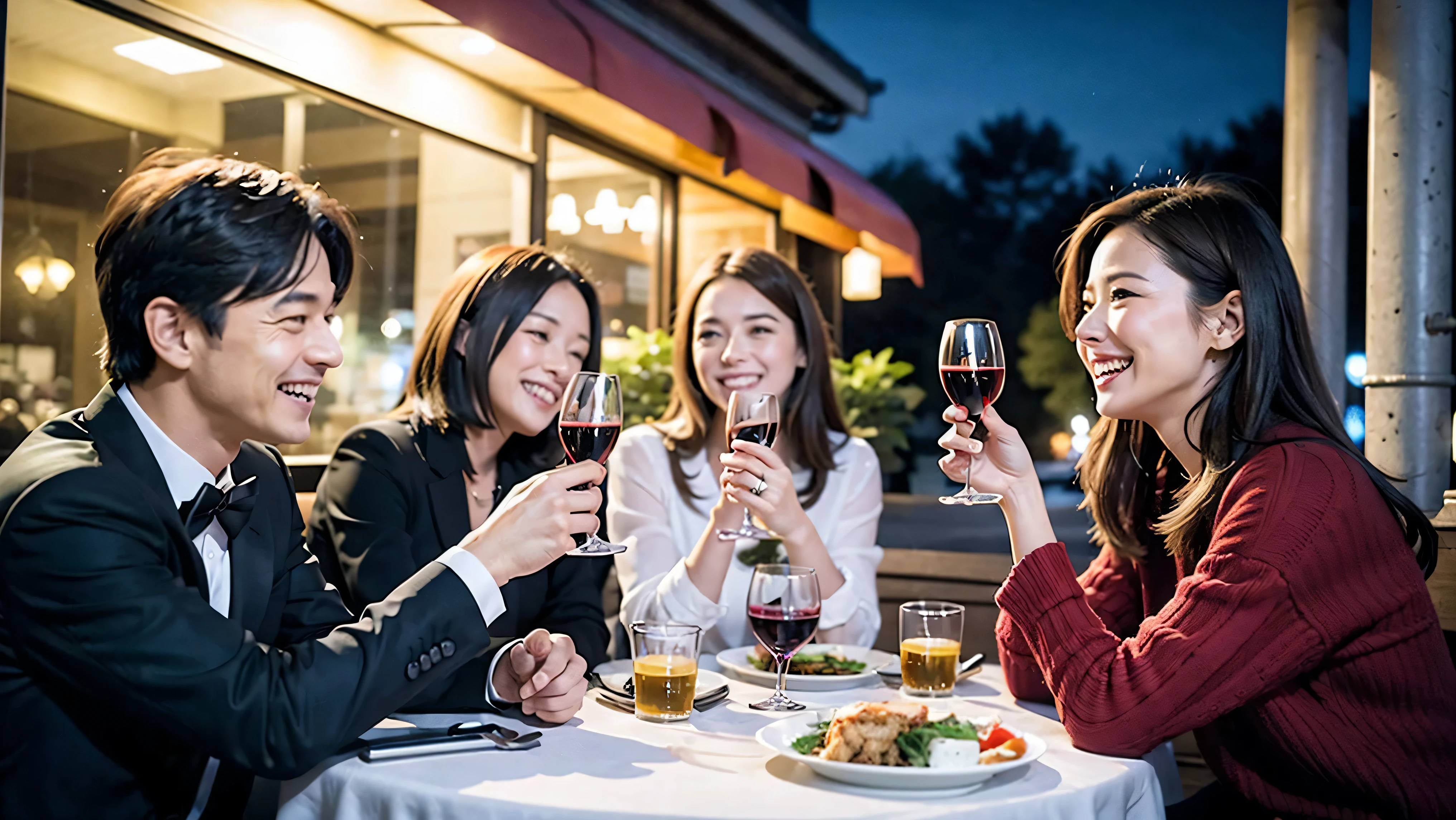 64k, UHD, highest quality, masterpiece: 1.2), (realistic, photorealistic: 1.37), Super detailed, celebration party、3 women who love wine、three men、Japanese sake、Shochu、champagne、Sparkling wine、winter night、restaurantでワイン宴会、(slimな男女4名),(Wine party for 5 people)、(slimフェイス),Happy、 最高なsmile、Fox Face、Berry Short、(because I&#39;thin), (brown hair), (shortcut), long sleeve shirt、winter fashion、Japanese、Dutch、German、Portuguese、Belgian、Italian、french, (gush), (slimボティ), (brown hair), (shortcut), Neat beauty、cheeks blush a little, (34 years old), 38 years old, alone, A beautiful and detailed night view spreads out outside the window..., restaurant, wine glassが座っている, At night, in a prominent place (from the Upper body) nova frog style, actress, model, Upper body, White wine, slim, wine glass, very beautiful night view, wine glass Put in the Middle, Happy smile, (smile: 1.15), 