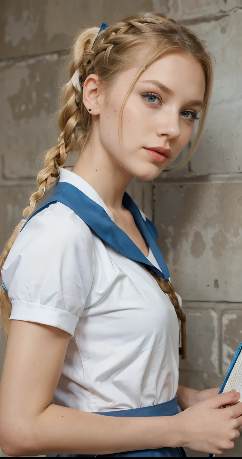 Beautiful skinny girl, elongated face and thin chin, freckles, blonde, braided hair, blue eyes,bold red lipstick and Extra eyeliner and extra eyeshadow, white skin, school girl uniform , in the school, ponytail hair, small nose, Leaning against the wall , reading a book