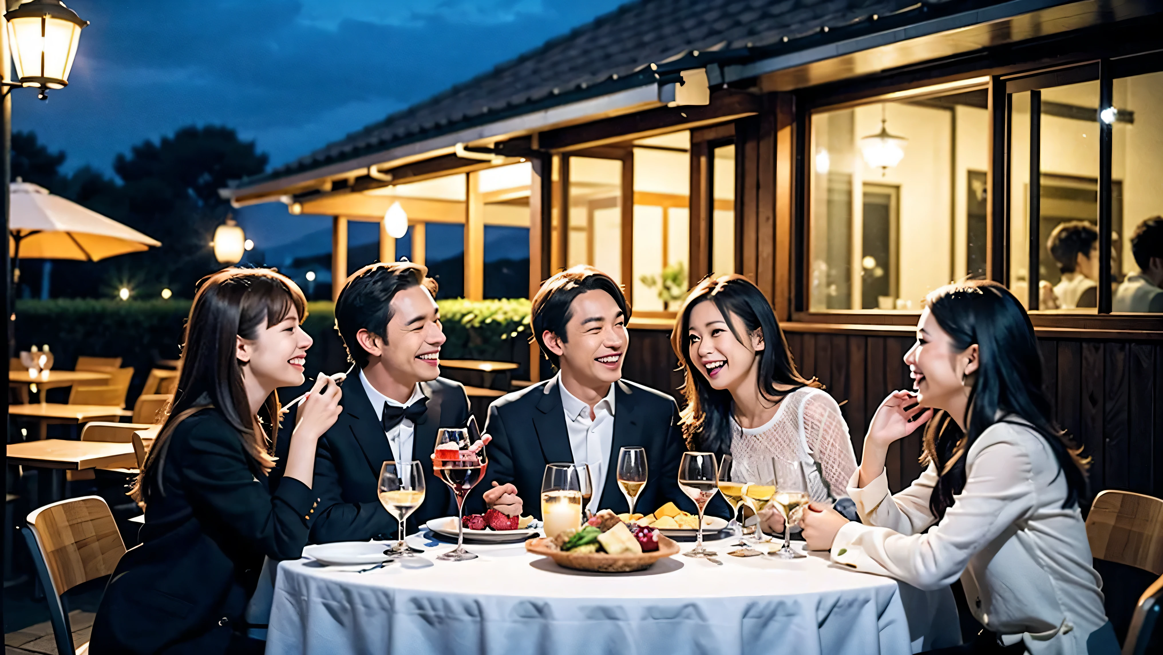 64k, UHD, highest quality, masterpiece: 1.2), (realistic, photorealistic: 1.37), Super detailed, celebration party、3 women who love wine、three men、Japanese sake、Shochu、champagne、Sparkling wine、winter night、restaurantでワイン宴会、(slimな男女4名),(Wine party for 5 people)、(slimフェイス),Happy、 最高なsmile、Fox Face、Berry Short、(because I&#39;thin), (brown hair), (shortcut), long sleeve shirt、winter fashion、Japanese、Dutch、German、Portuguese、Belgian、Italian、french, (gush), (slimボティ), (brown hair), (shortcut), Neat beauty、cheeks blush a little, (34 years old), 38 years old, alone, A beautiful and detailed night view spreads out outside the window..., restaurant, wine glassが座っている, At night, in a prominent place (from the Upper body) nova frog style, actress, model, Upper body, White wine, slim, wine glass, very beautiful night view, wine glass Put in the Middle, Happy smile, (smile: 1.15), 