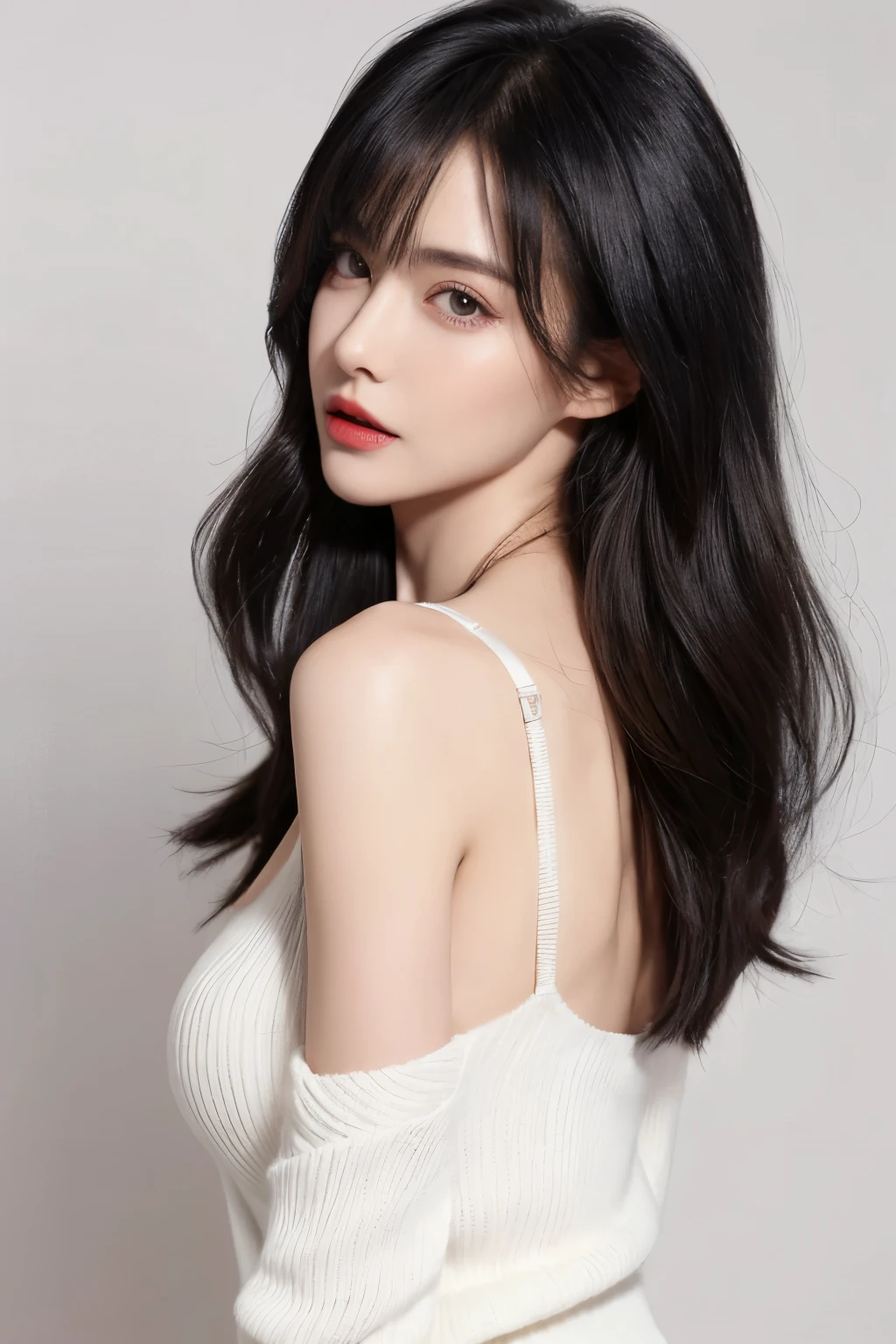 (lifelike,high resolution:1.3), A slim girl, The face shape and eyes are super delicate,black hair,red glossy lips,(beautiful face), (best quality), (Super detailed), (Extremely detailed CG unified 8k wallpaper),((low neck sweater)),(White background),(cleavage),(Model photo),sexy look,big eyes,(standing),(BRA),(air bangs),(Slim waistline)