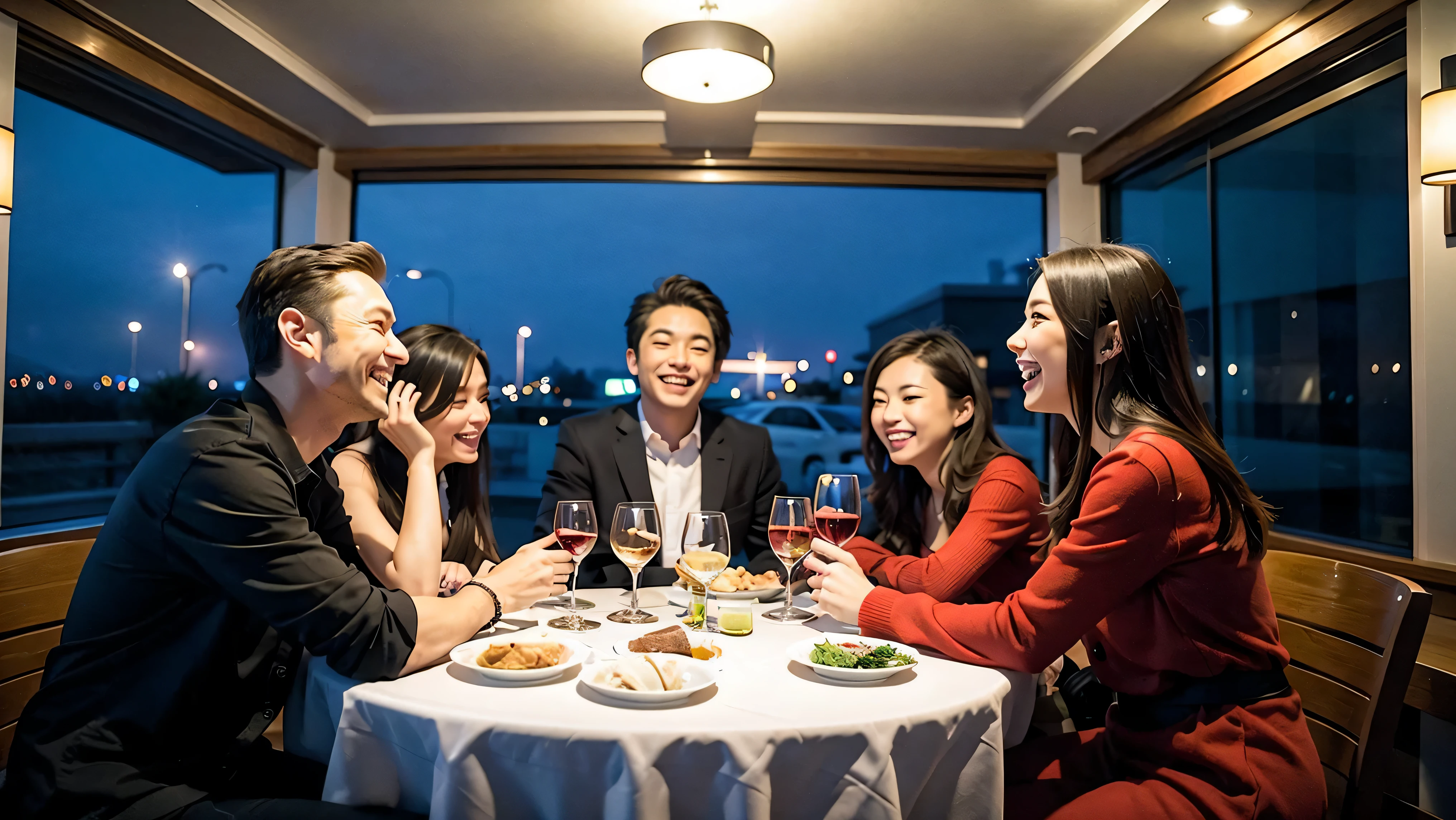 64k, UHD, highest quality, masterpiece: 1.2), (realistic, photorealistic: 1.37), Super detailed, celebration party、3 women who love wine、three men、Japanese sake、Shochu、champagne、Sparkling wine、winter night、restaurantでワイン宴会、(slimな男女4名),(Wine party for 5 people)、(slimフェイス),Happy、 最高なsmile、Fox Face、Berry Short、(because I'thin), (brown hair), (shortcut), long sleeve shirt、winter fashion、Japanese、Dutch、German、Portuguese、Belgian、Italian、french, (gush), (slimボティ), (brown hair), (shortcut), Neat beauty、cheeks blush a little, (34 years old), 38 years old, alone, A beautiful and detailed night view spreads out outside the window..., restaurant, wine glassが座っている, At night, in a prominent place (from the Upper body) nova frog style, actress, model, Upper body, White wine, slim, wine glass, very beautiful night view, wine glass Put in the Middle, Happy smile, (smile: 1.15),