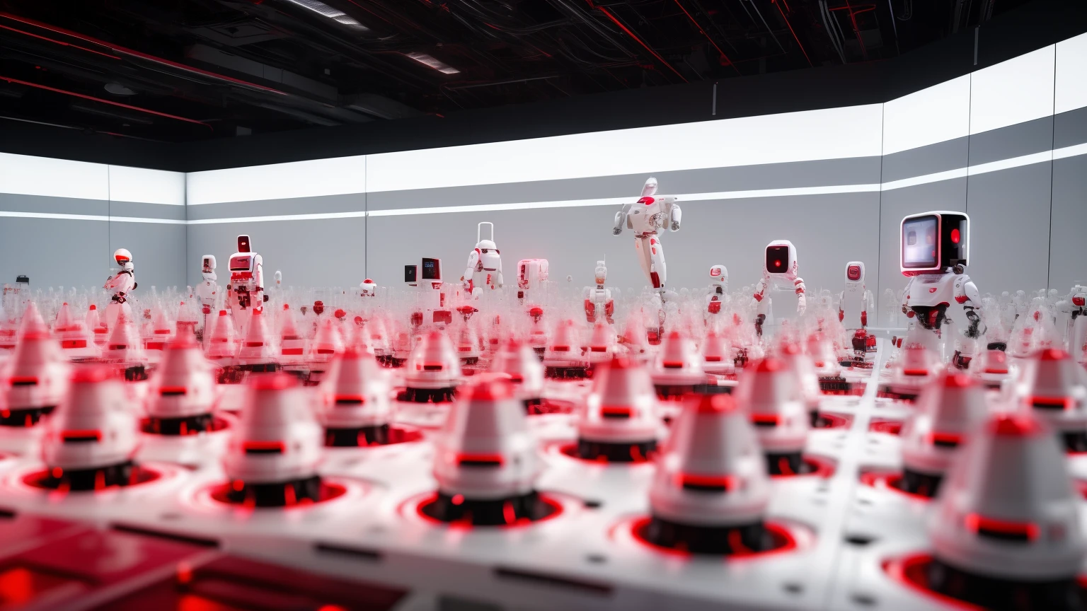 white future technology, white background,
technology class, robot, a lot of people, red