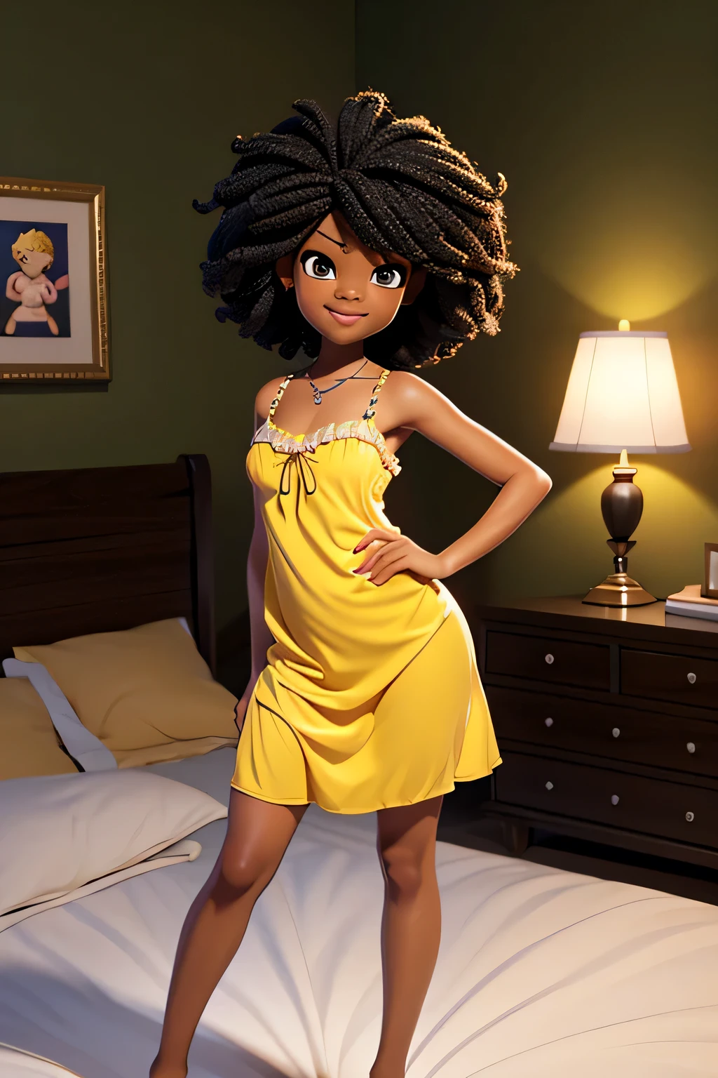 HD, dark skinned, young female, age 8, humanoid, honey, black afro hair, Jackie Parris, ((((Jackie Parris)))), full body cgsociety, 3 d character art, full character body, detailed full body concept, stylized character, erotica, ((young girl, 1girl, age 8)), ((complex detailed background, bedroom, inside)), erotica, full body, sexy, yellow nightie, barefoot, wide hips, , shortstack, bedroom