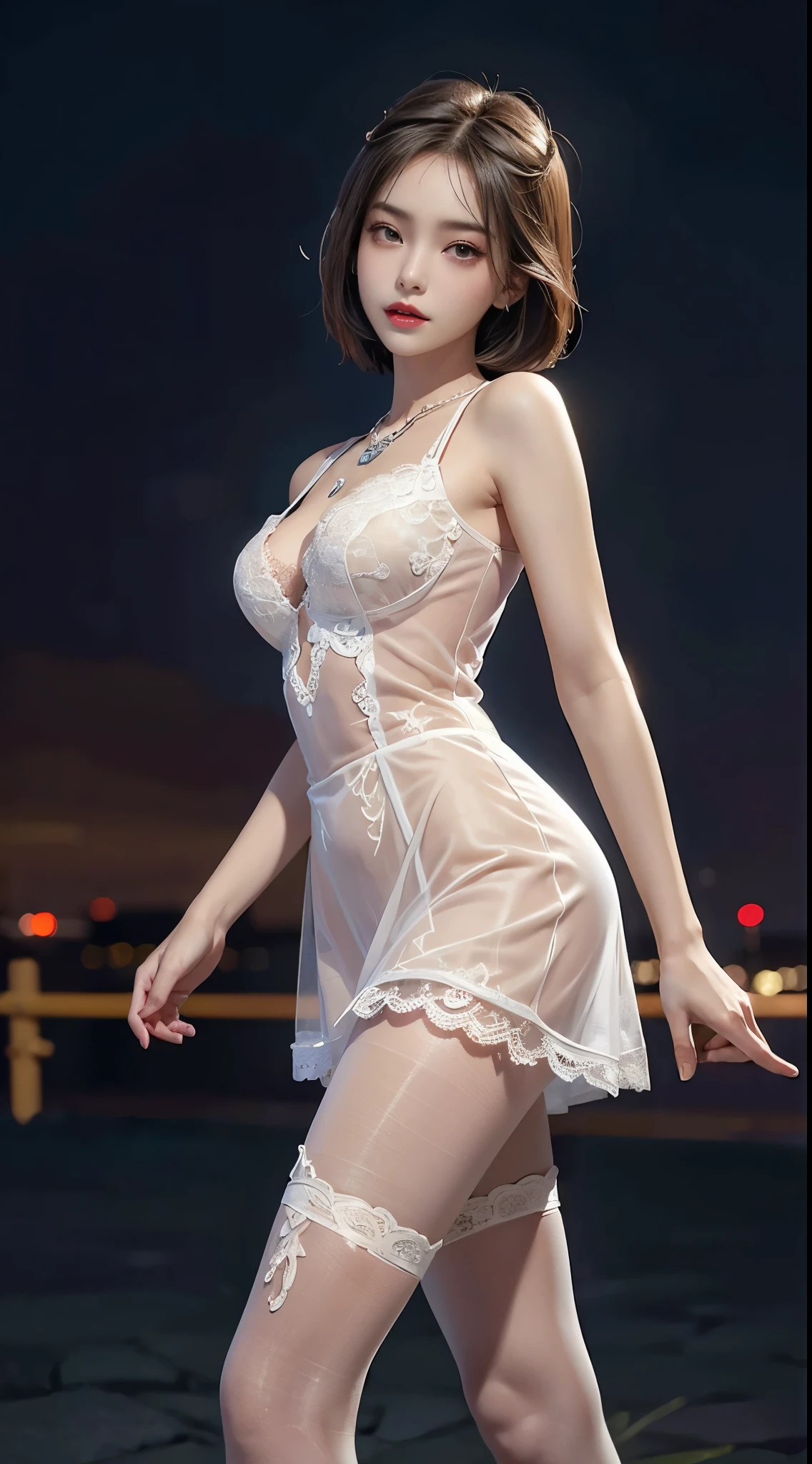 ((knee shot)), 8k, masterpiece, original photo, best quality, detail:1.2),lifelike, Extremely detailed CG unified 8k wallpapers, depth of field, film light, lens flare, Ray tracing, (extremely beautiful face, beautiful lips, beautiful eyes), intricate detail face, ((ultra detailed skin)) 1 girl, in the darkness, deep shadow, Beautiful Korean girl, kpop idol,(Very slim and slender figure:1.3), A plump chest, (bright smile), (City night, (neon sign), (night), Beautiful Korean girl, white diamond earrings, Diameter bracelet, Dia necklace, pantyhose, clear eyes, walk , front shot, face forward, (big eyes), ((Lace's))