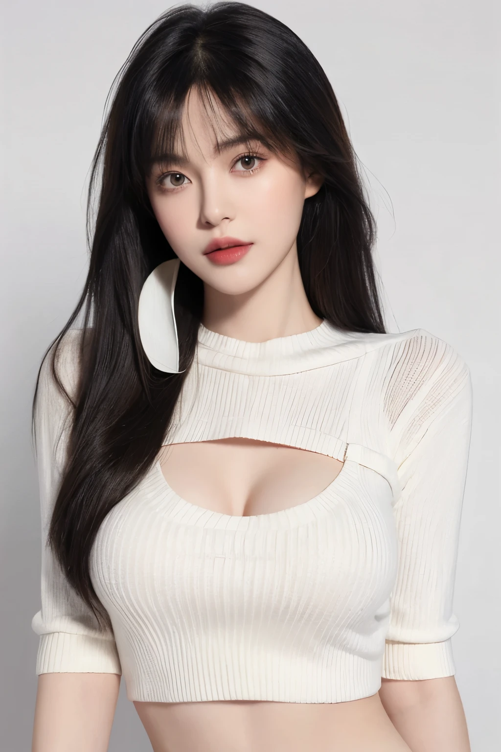 (lifelike,high resolution:1.3), A slim girl, The face shape and eyes are super delicate,black hair,red glossy lips,(beautiful face), (best quality), (Super detailed), (Extremely detailed CG unified 8k wallpaper),((low neck sweater)),(White background),(cleavage),(Model photo),sexy pose,big eyes,(standing),(BRA),(air bangs),(Slim waistline)