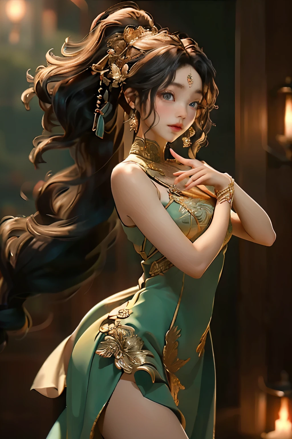 A captivating girl with an intriguing anomaly, gracing the scene with four hands. This masterpiece, rendered in stunning 4K resolution, exhibits every detail of her delicate features and the intricacy of her extra appendages. Her skin, glowing with a flawless complexion, is a sight to behold. Her eyes, bright and full of curiosity, peer out at the audience with a unique allure. The girl dons a flowing dress that catches the wind as she moves, accentuating the grace of her unconventional form. Her hair, a cascade of curls, frames her face and dances around her four hands. Observe as she plays with her hands