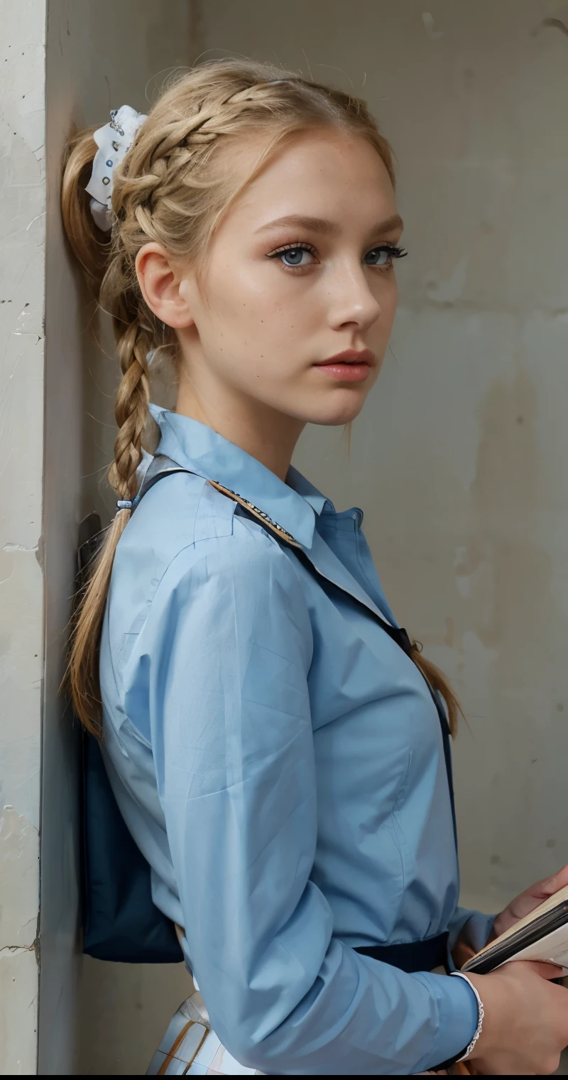 Beautiful skinny girl, elongated face and thin chin, freckles, blonde, braided hair, blue eyes,bold red lipstick and Extra eyeliner and extra eyeshadow, white skin, school girl uniform , in the school, ponytail hair, small nose, Leaning against the wall , reading a book