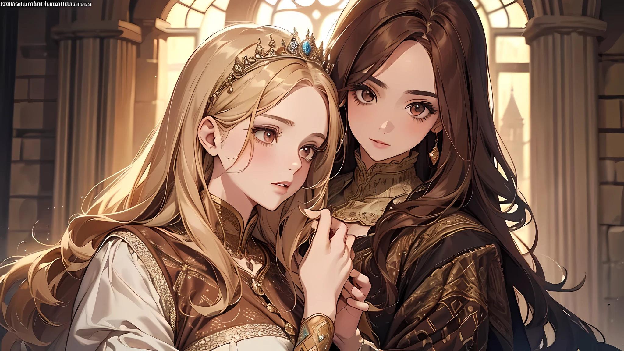 2 princess, beautiful girl, thick brown hair, blonde hair, brown eyes, plump lips, face detailed, wearing medieval gown, The one whom you’re entrusting her skin to is your intimate cousin from childhood. isn’t that the best pattern where her don’t have to be mindful so that makes her truly envious.