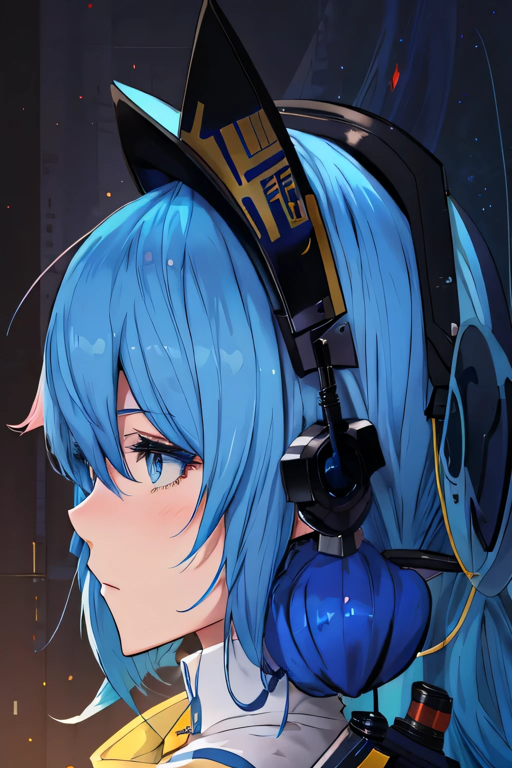 anime girl blue hair wearing a hat and holding a gun, anime girl profile, sky blue. Detailed hair, Inspired by Leng Mei, Anime cute art style, anime style 4k, waves, Starting from the night of the ark, girl blue hair, blue hair, From Girls Frontline, sad cerulean eyes, anime art style