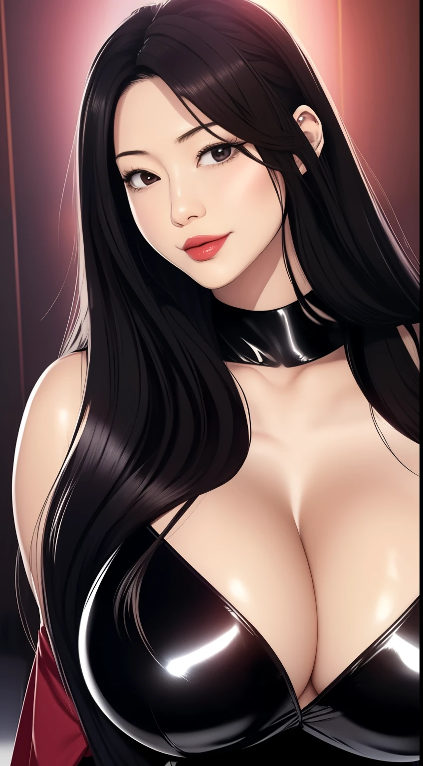 Doomsday Harem,1 girl,long hair,black hair,bangs,straight hair,swollen lips,painted lips, thick lips,reveal cleavage, erotic, smile,Hitomi Tanaka's chest,huge breasts,older sister,Black bodysuit,25 years old,Sweat,shiny skin