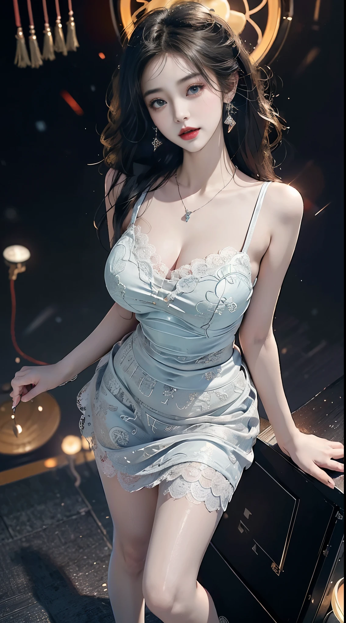 big breasts,colorful dress, ((knee shot)), 8k, masterpiece, original photo, best quality, detail:1.2),lifelike, Extremely detailed CG unified 8k wallpapers, depth of field, film light, lens flare, Ray tracing, (extremely beautiful face, beautiful lips, beautiful eyes), intricate detail face, ((ultra detailed skin)) 1 girl, in the darkness, deep shadow, Beautiful Korean girl, kpop idol,(Very slim and slender figure:1.3), A plump chest, (bright smile), (City night, (neon sign), (night), Beautiful Korean girl, white diamond earrings, Diameter bracelet, Dia necklace, pantyhose, clear eyes, walk , front shot, face forward, (big eyes), ((Lace's))