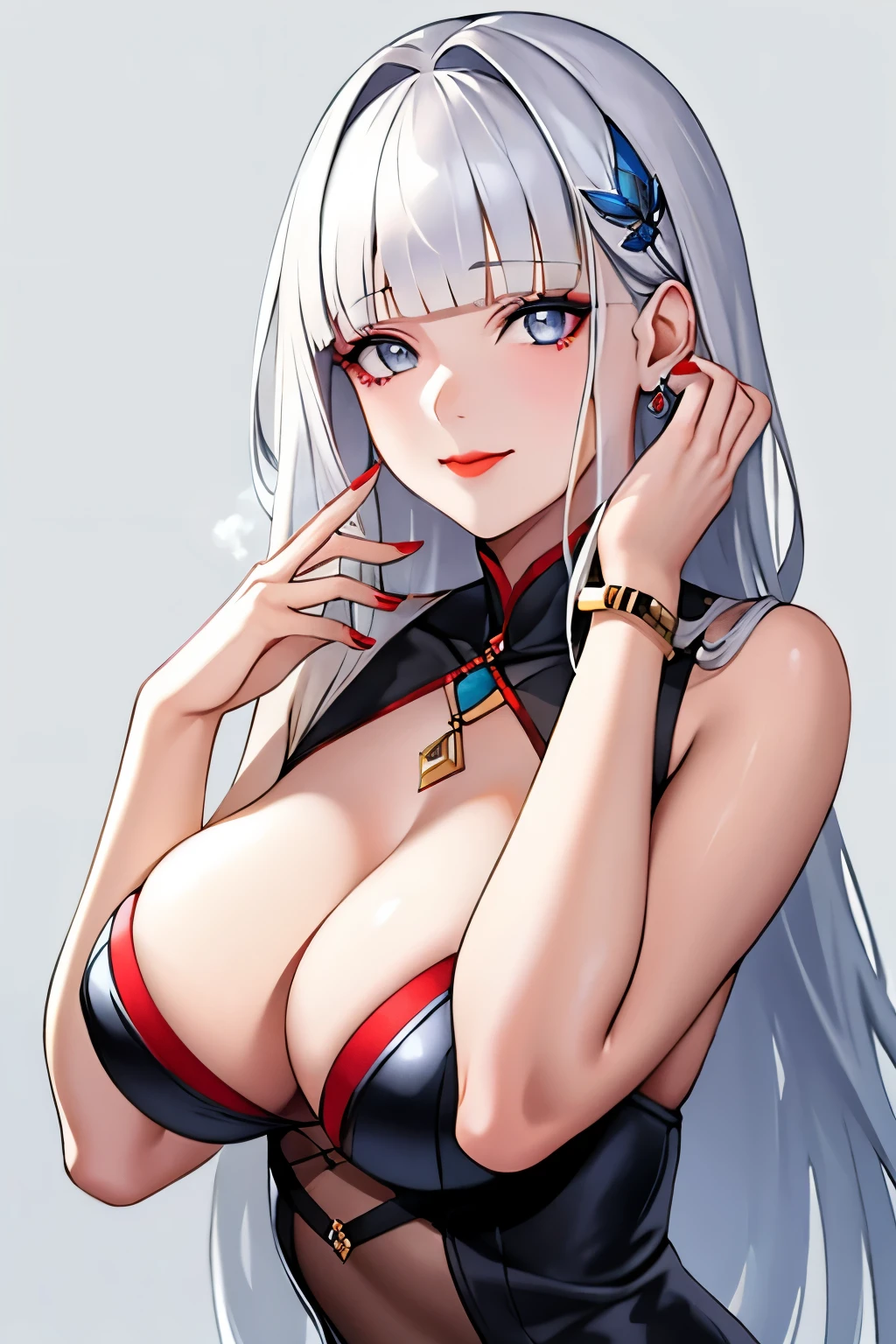 1girl, solo, long hair, looking at viewer, smile, blue eyes, hair ornament, white background, jewelry, white hair, closed mouth, blunt bangs, nail polish, bracelet, lips, grey eyes, portrait, red nails, close-up, red lips, hands on own face, hands on own cheeks,(mature female),(shiny skin),((steaming body))