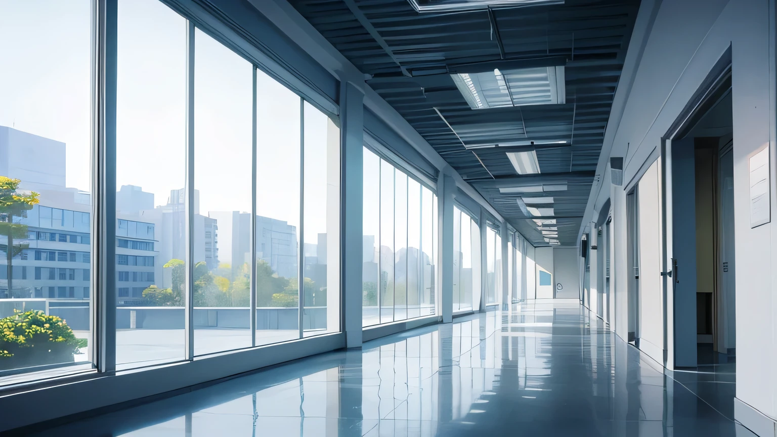 The hospital corridor is very bright,White, There are rows of floor-to-ceiling windows,Clear views of the surrounding city and green spaces.