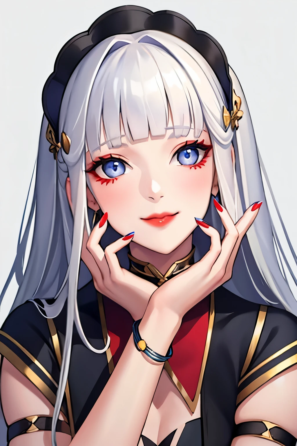 1girl, solo, long hair, looking at viewer, smile, blue eyes, hair ornament, white background, jewelry, white hair, closed mouth, blunt bangs, nail polish, bracelet, lips, grey eyes, portrait, red nails, close-up, red lips, hands on own face, hands on own cheeks,(mature female),(shiny skin),((steaming body))