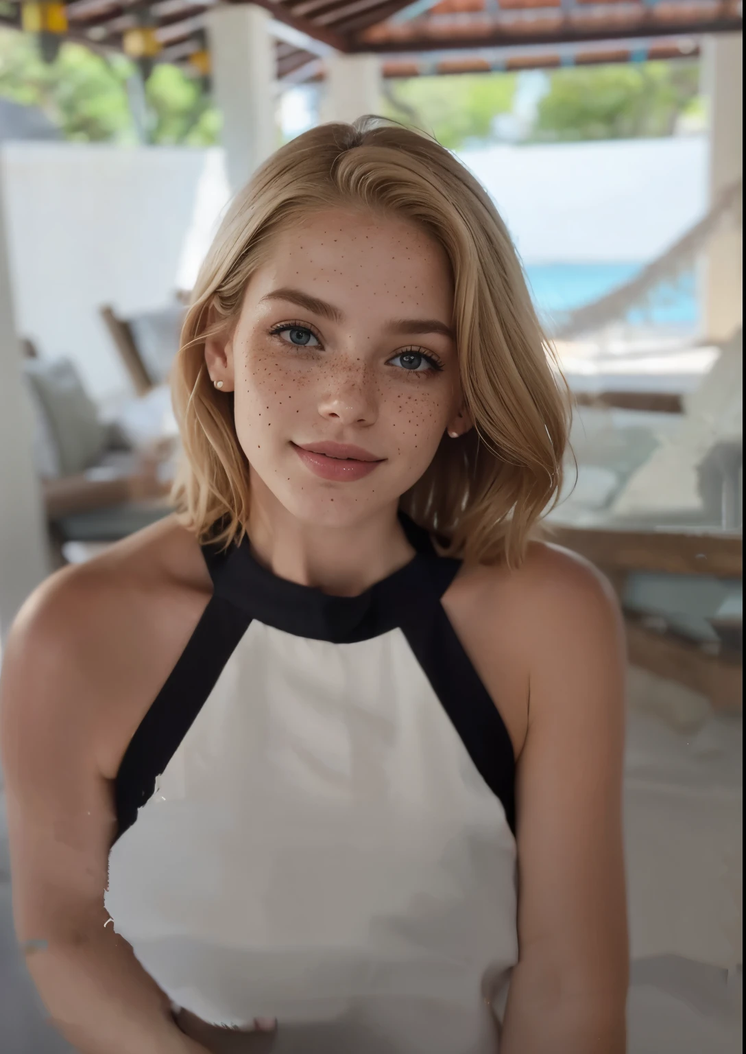 mulher, americana, 25 anos, pale skin and freckles, olhos cinzas, nariz delicado, soft and delicate lips, Cabelo blondie cinza longo e ondulados, sorriso meigo