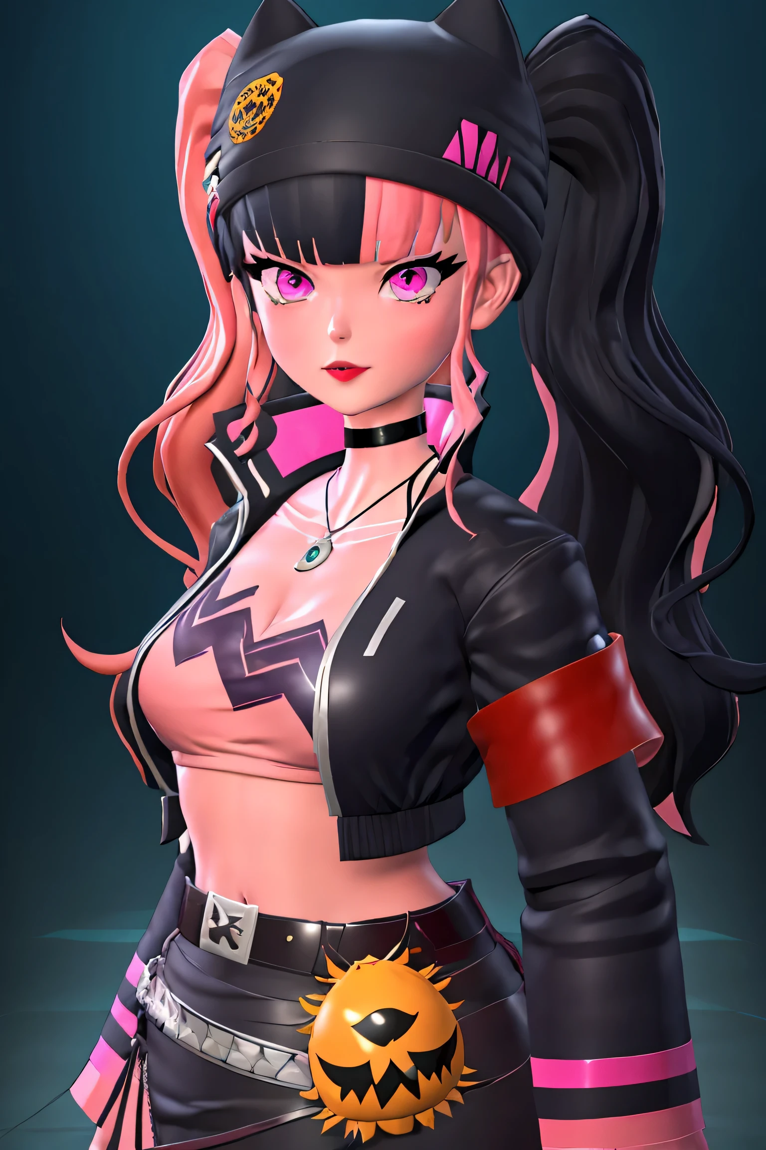 masterpiece, best quality,ZOE,1girl,jacket,multicolored hair,twintails,solo,black hair,black belt,black jacket,pink eyes,belt,hat,pink hair,choker,black choker,looking at viewer,crop top,jewelry,breasts,necklace,bangs,long hair,black headwear