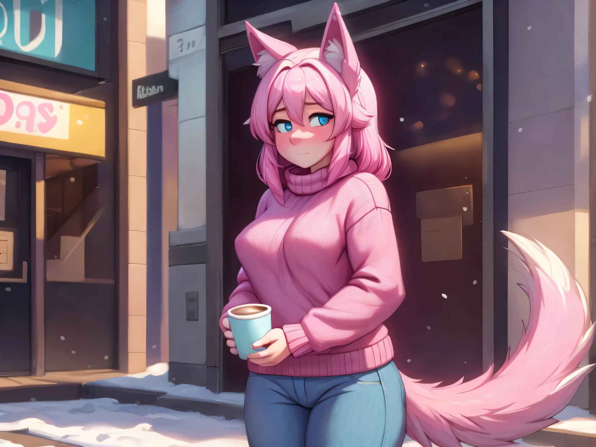 (Masterpiece) (High Detail) (High Res) A close up of A short cute humanoid girl with pale skin and turquoise eyes and long pink hair and pink dog ears and a big fluffy pink dog tail and average breasts. She is wearing a warm pink sweater and a pair of denim jeans. She is stood in the middle of a winter street holding a cup of coffee. She looks shy. Pink Hair. Pink Tail.