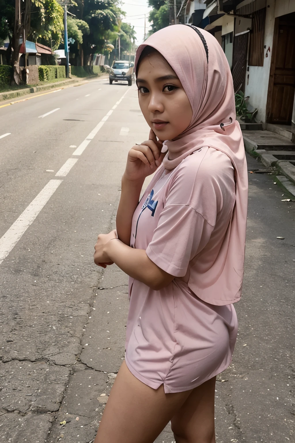 Ada seorang gadis indonesia berumur 15 tahun mengenakan hijab sedang telanjang bugil di tengah jalan desa, dia mengangkat tangannya. foto 8hd, sangat realisitis.