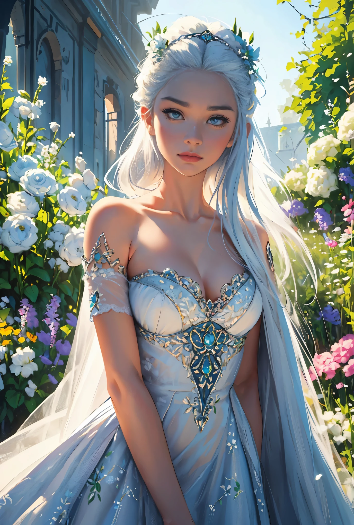 Russian Empire, Neon, garden, fabulous girl, dressed in a pale white simple silk dress of the 19th century with silver embroidery, Face similar to Daenerys, long white hair, stunning blue eyes, large breasts, realistic Face, Complex details, Beautiful fantasy setting, "silver-blue-green floral embroidery, 8K, HD