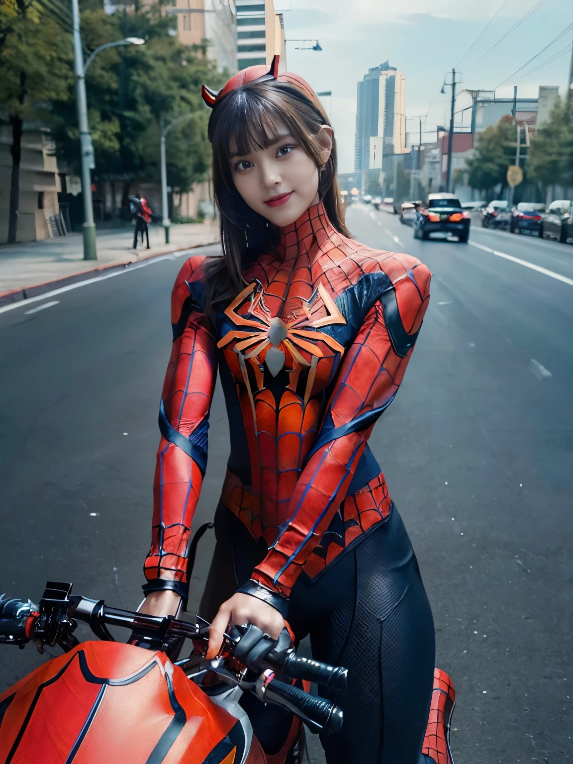 ((highest quality, 8K, masterpiece: 1.3)), sharp: 1.2, perfect body beauty: 1.4,pretty girl,Light brown shorthair,(((girl riding a motorcycle))),slender body,(((Spider-Man costume))),Highly detailed face and skin texture,fine eyes, double eyelid,((full body shot)),Natural light,smile,Detailed Motorcycle