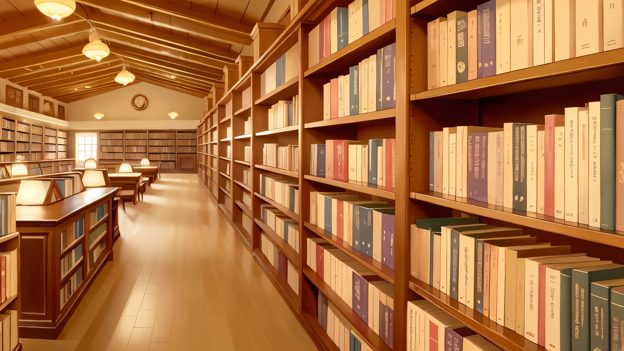 masterpiece, anime style, makoto shinkai style, anime background, 4k resolution, 4k resolution, arafed bookshelves in a library with a long row of books, book library studying, inside a library, 