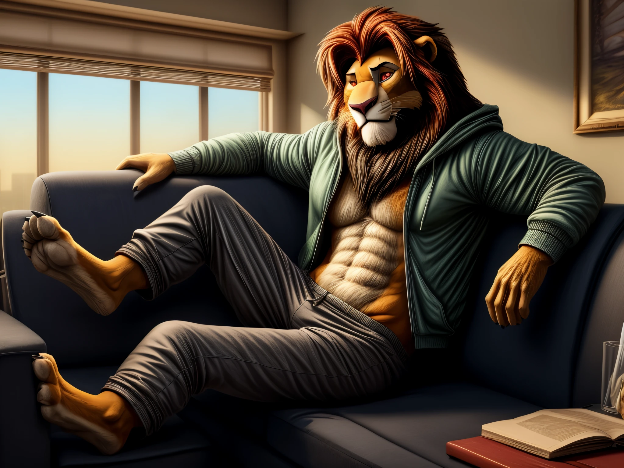 Digital art, 3d art, furry portrait, vivid colours, full body picture, full figure image, masterpiece, best quality, high resolution, Hyperrealist furry portrait, Brawny barefoot teenage Simba (Lion King character) in casual teens clothes (hoodie, long pants) lying on a couch in a psychologist's office, undergoing hypnotherapy, watching crystalball with hypnotic red glow in evil hypnotist's hand, relaxed expression, trying to resist, his eyes wide open, detailed nice feet with short claws, detailed background, anatomically correct, 8k, (wide dynamic range, dynamic angles and pose:1.2), sharp, focused, (DOA):1.23, (Particle，glowworm),（author：by Jackaloo）