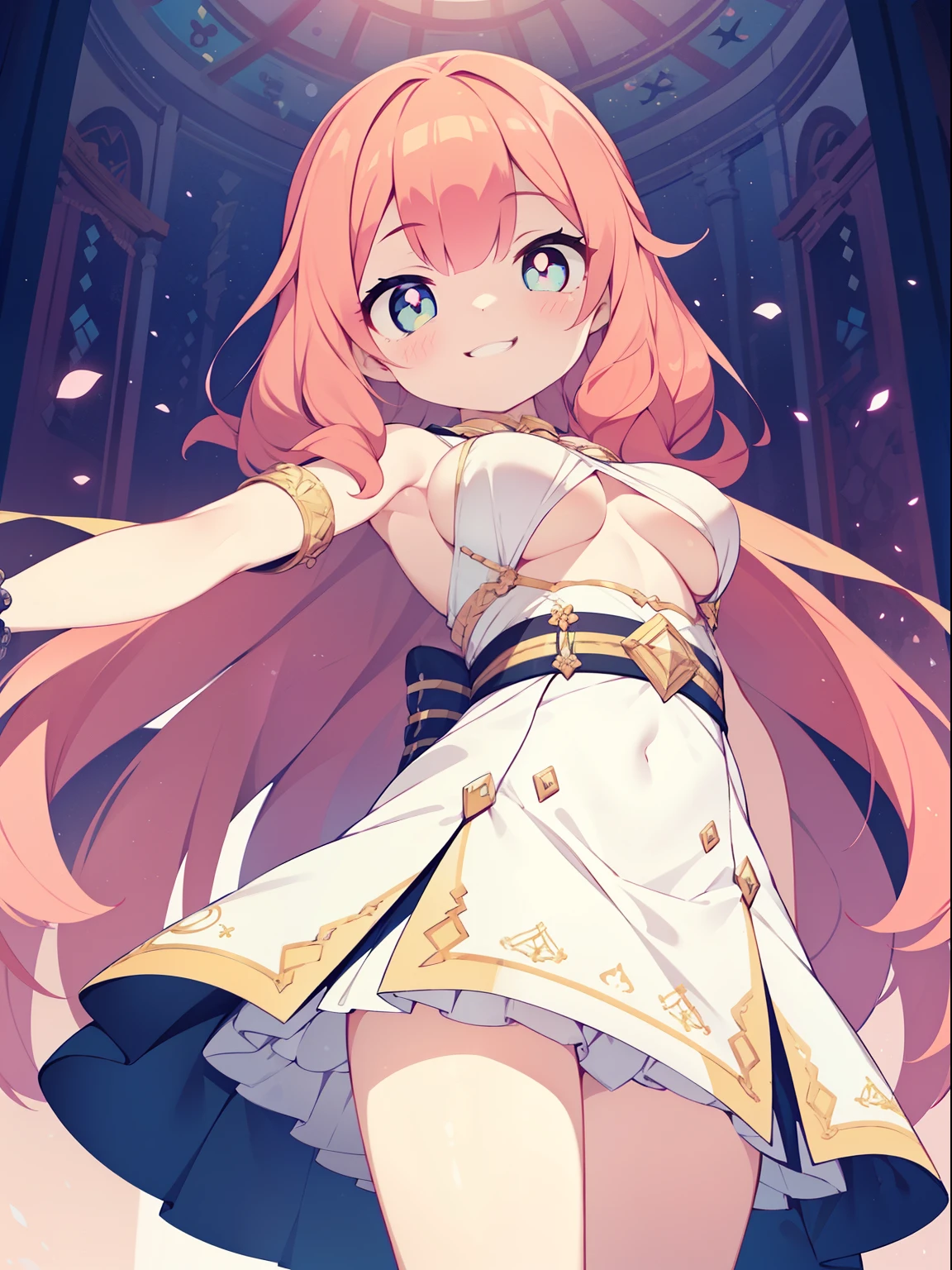 (girl:1.2), (1 person:1.2),(10歳のgirl)、若いgirl、big breasts、 nffsw、shader、big breasts、highly detailed eyes、long hair、side boob、underboob、Glossy cleavage、pink hair、silky hair、knit dress(White thin fabric、Plain color、mini skirt)、ultra-intricate pupil in eyes、highest quality、bright colors、Bust 100、rests、Standing picture of the game、Stirring composition、Composition looking up from below、Lift your with your hands、Pose that emphasizes the chest、fold your arms、grinning expression、eyes half closed、open your mouth、stinky eyes、evil face、Bullish smile、fold your hands behind your back、Hide your hands、evil smile、whole body、cute