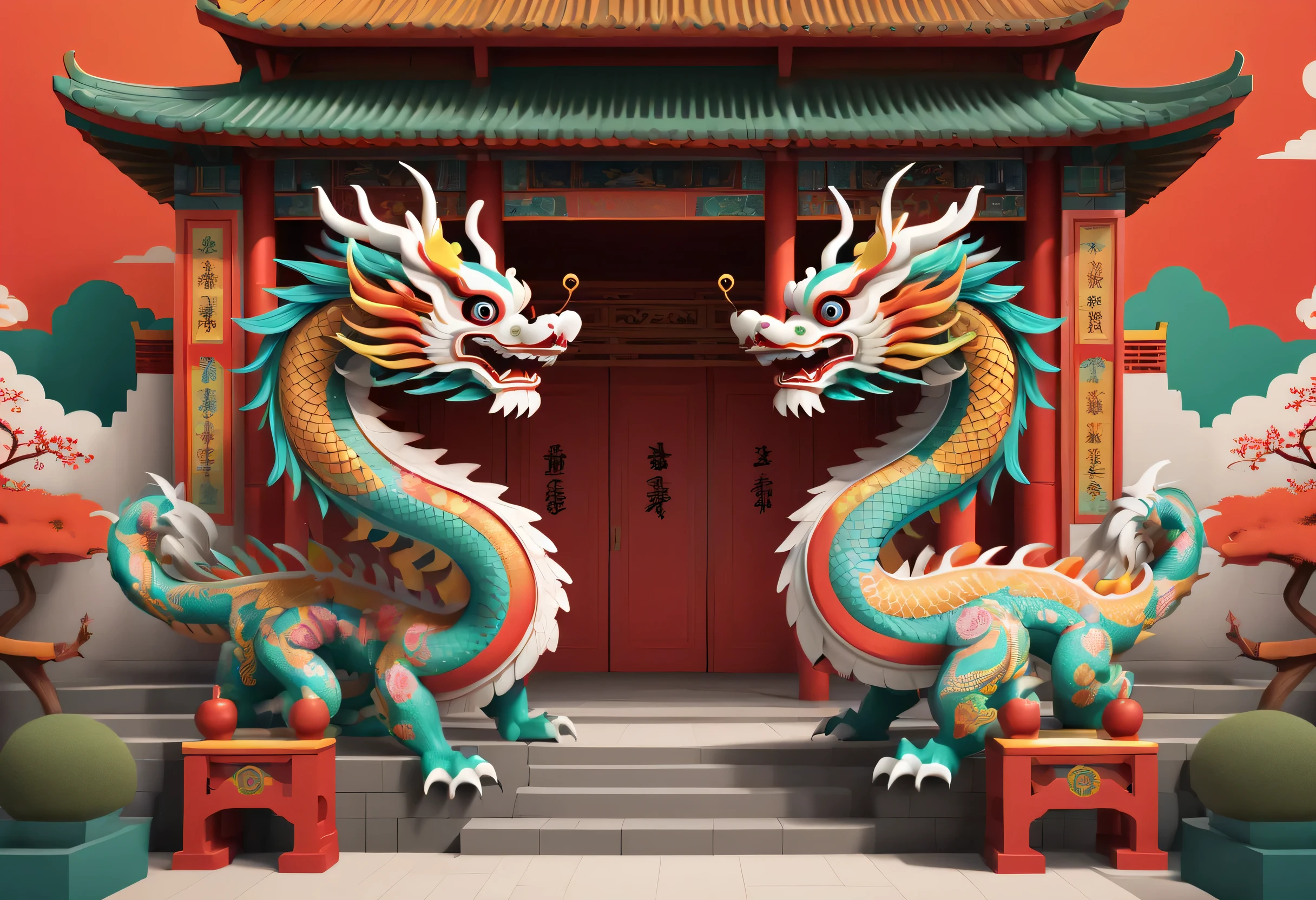 Create graphic style illustrations using symbolic planes and flat color blocks. Two super cute Chinese dragons are depicted against the background of a Chinese opera stage and traditional Chinese architecture. Incorporate symmetrical geometric patterns, Ruyi pattern, and Chinese clothing elements, Includes headdress pattern. Render illustrations in Maya style, Inspired by folk art flower arrangements. Use vibrant color combinations, mask, and totem. Make sure you have a white background, Beautiful borders, clear silhouette, and emphasize folk themes.
