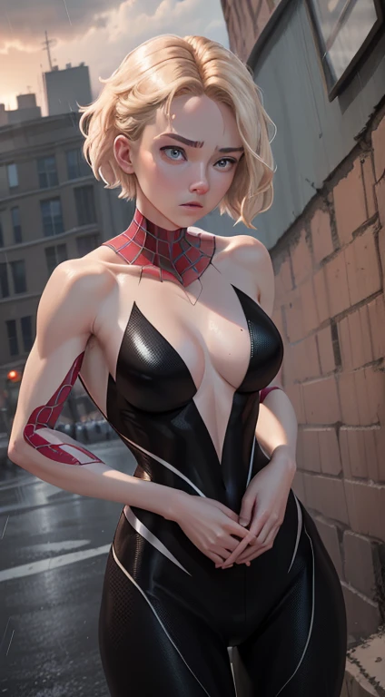 Spider-Gweb at 18 years old, naked body, close up, Pleading eyes, short hair, blonde hair, Beautiful face, fighting posture, rain, roof, Masterpiece, exquisite details, perfect anatomy, cleavage, challenging expression