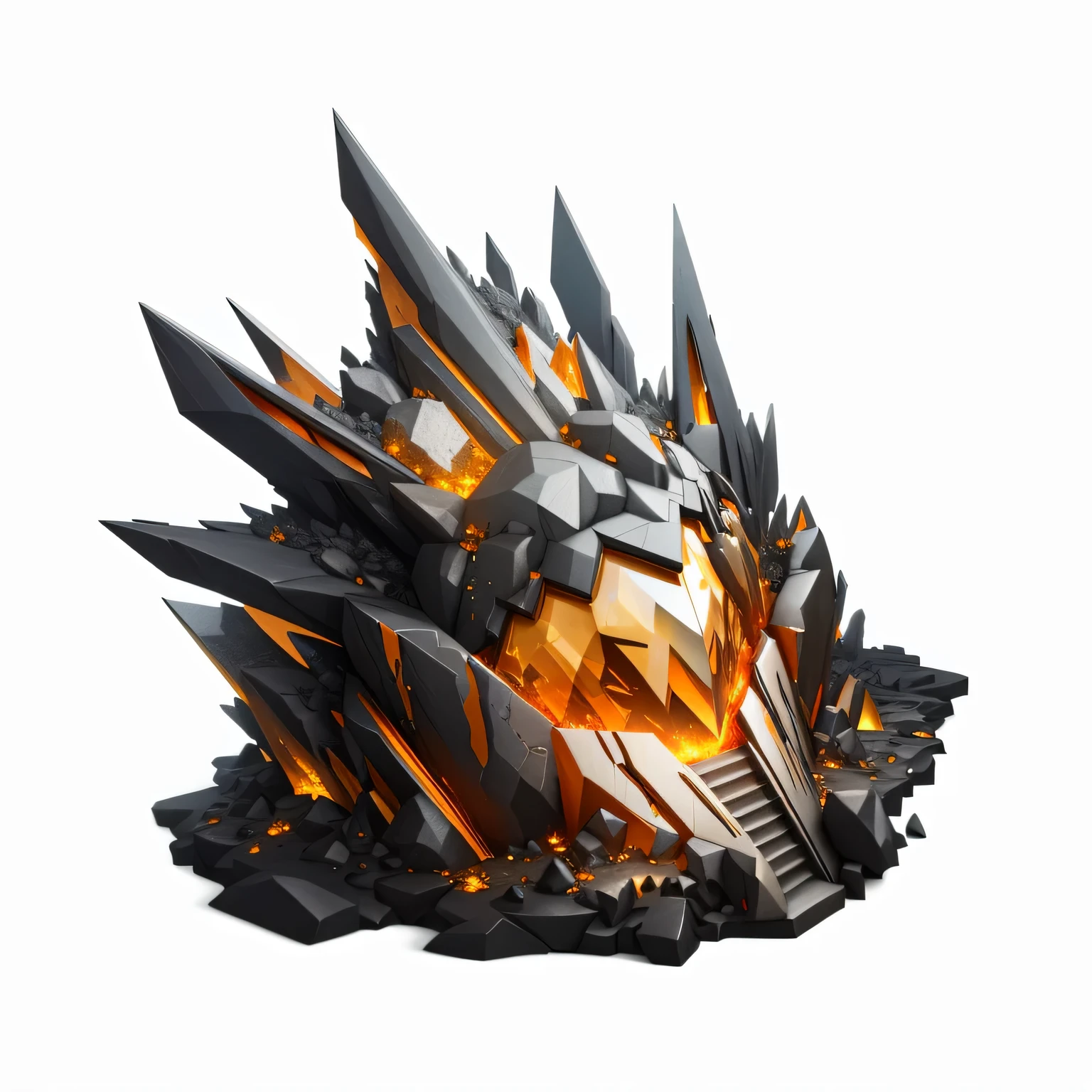 ((3d rendering))),(Architecture and filming elements,amber),(Black stone),(Volcanic rock slices),(orange color )),ore(Very detailed,super detailed,complicated),particle effect,Ray tracing,Film illumination